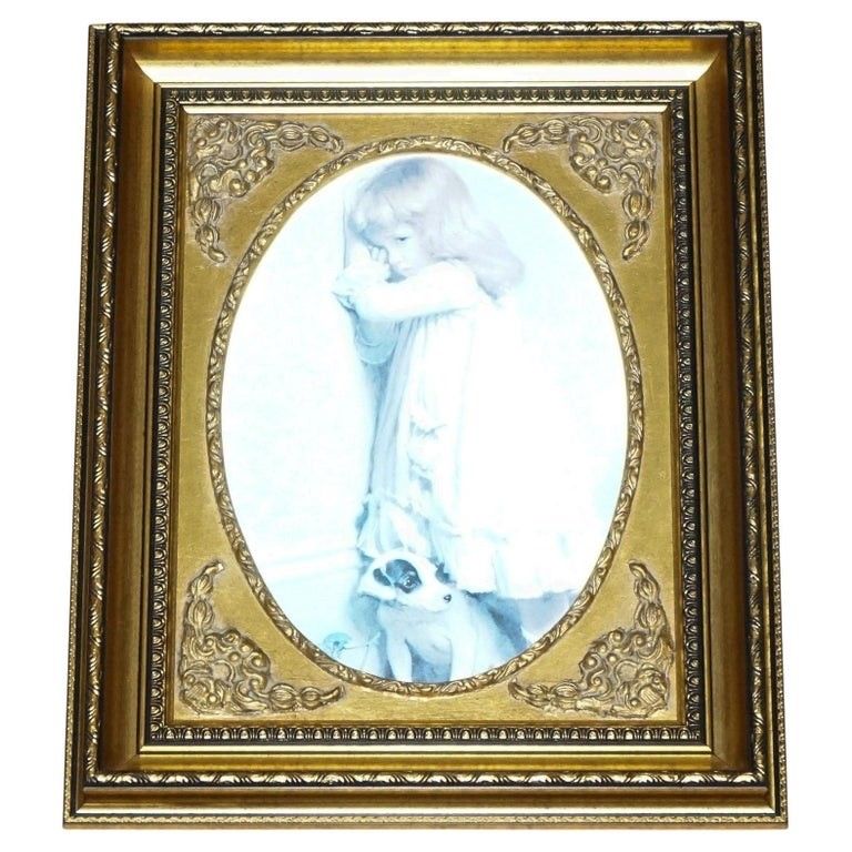 Vintage Print Gilted Frame Little Girl And Dog Posing 52 X 42 Cm