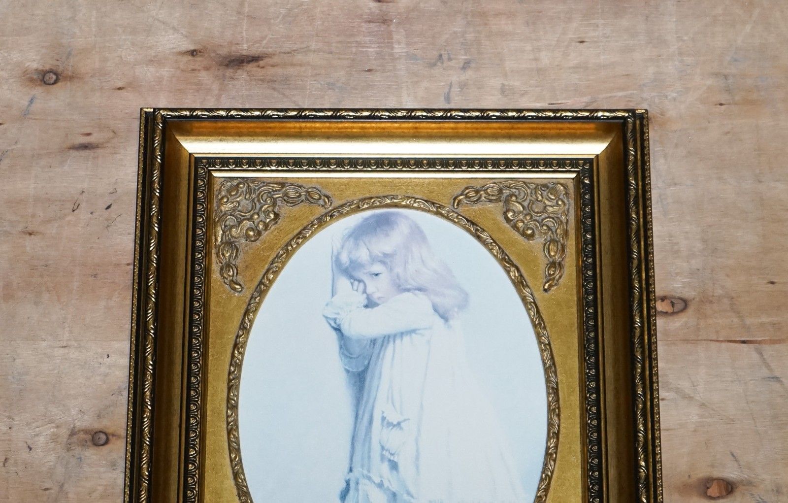 Vintage Print Gilted Frame Little Girl And Dog Posing 52 X 42 Cm photo for sale