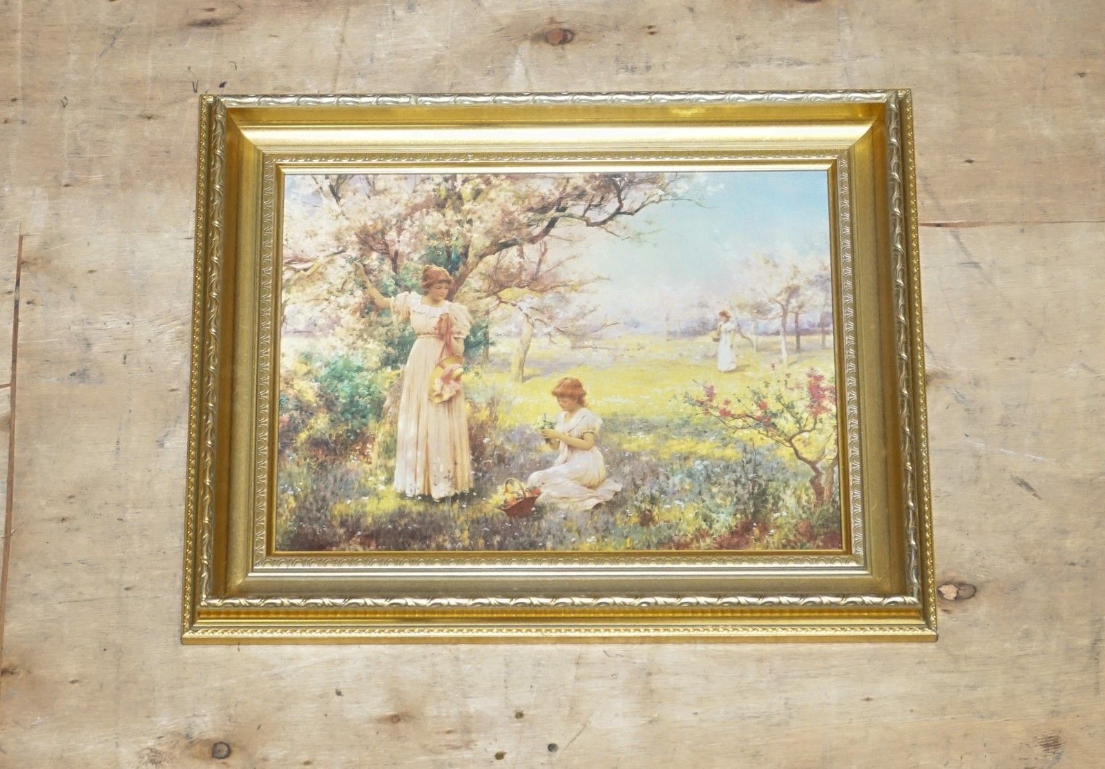 Painting Print Golden Framepicking Flowersby Alfred Glendening Jr. 42x52 Cm photo furniture