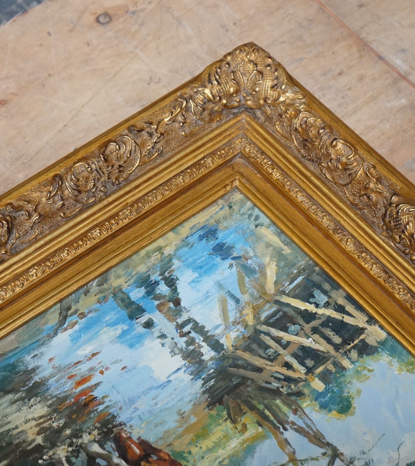 Antique Oil Painting Horse Rider Crossing A Stream Gilted Frame 49 X 60 Cm photo vintage