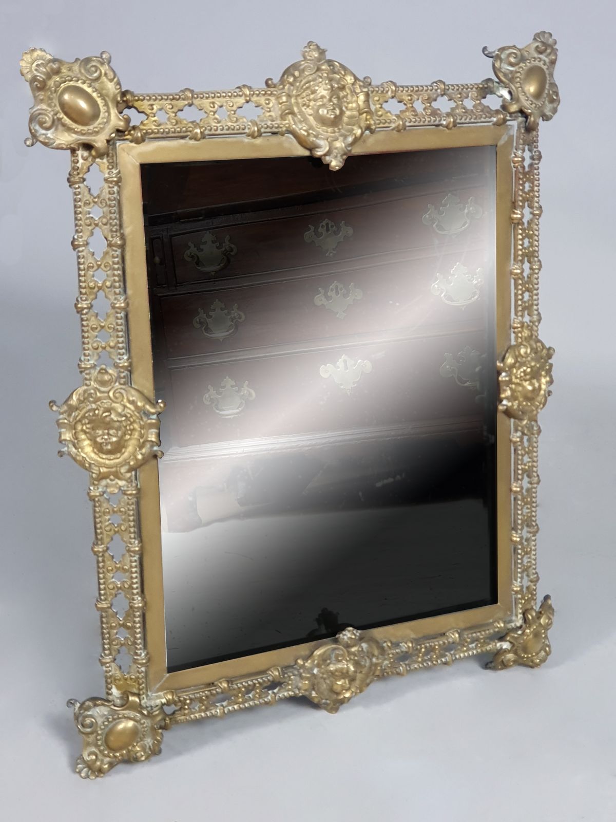 Victorian Brass Wall Hanging Mirror With Original Glass And Cherubs C. 1870