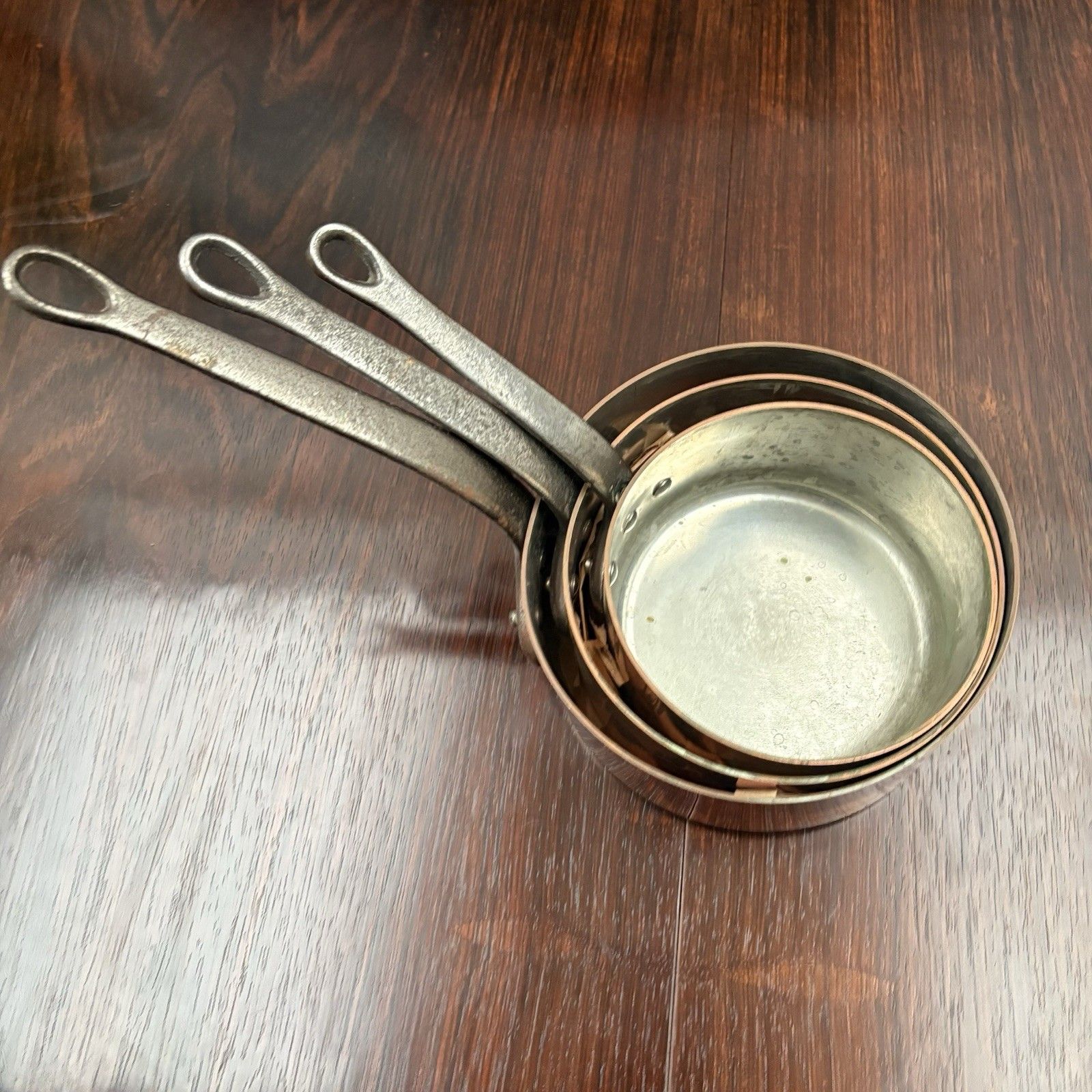 Set Of 3 Vintage French Copper Saucepains With Good Original Tin Lining photo for sale