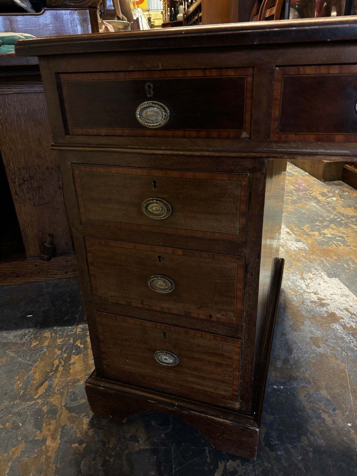 Edwardian Inlaid Mahogany Pedestal Desk With Brown Top. photo buy