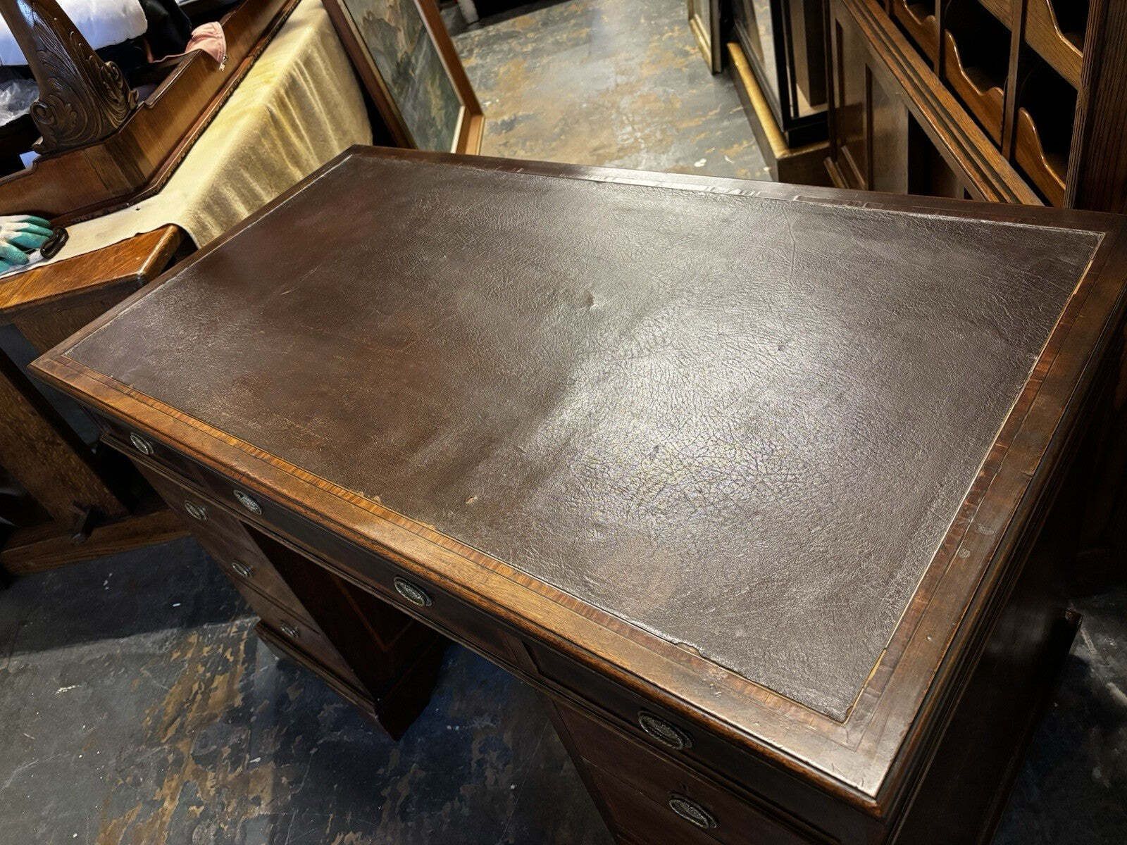 Furniture Edwardian Inlaid Mahogany Pedestal Desk With Brown Top. photo