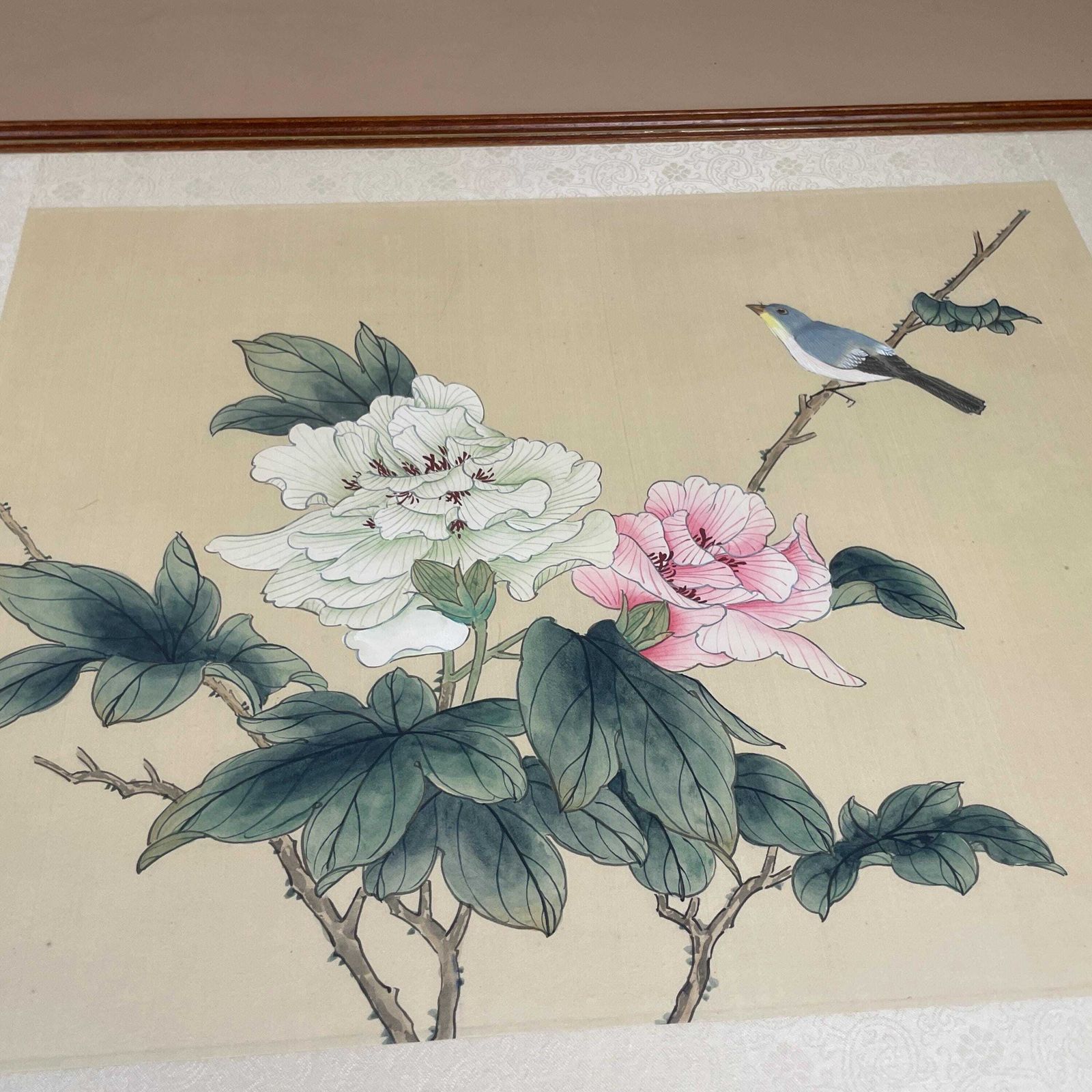 Pair Oriental Hand Painted Silk Pictures Floral Birds Asian Japanese Art Wall Decor Traditional Wall Artwork photo for sale