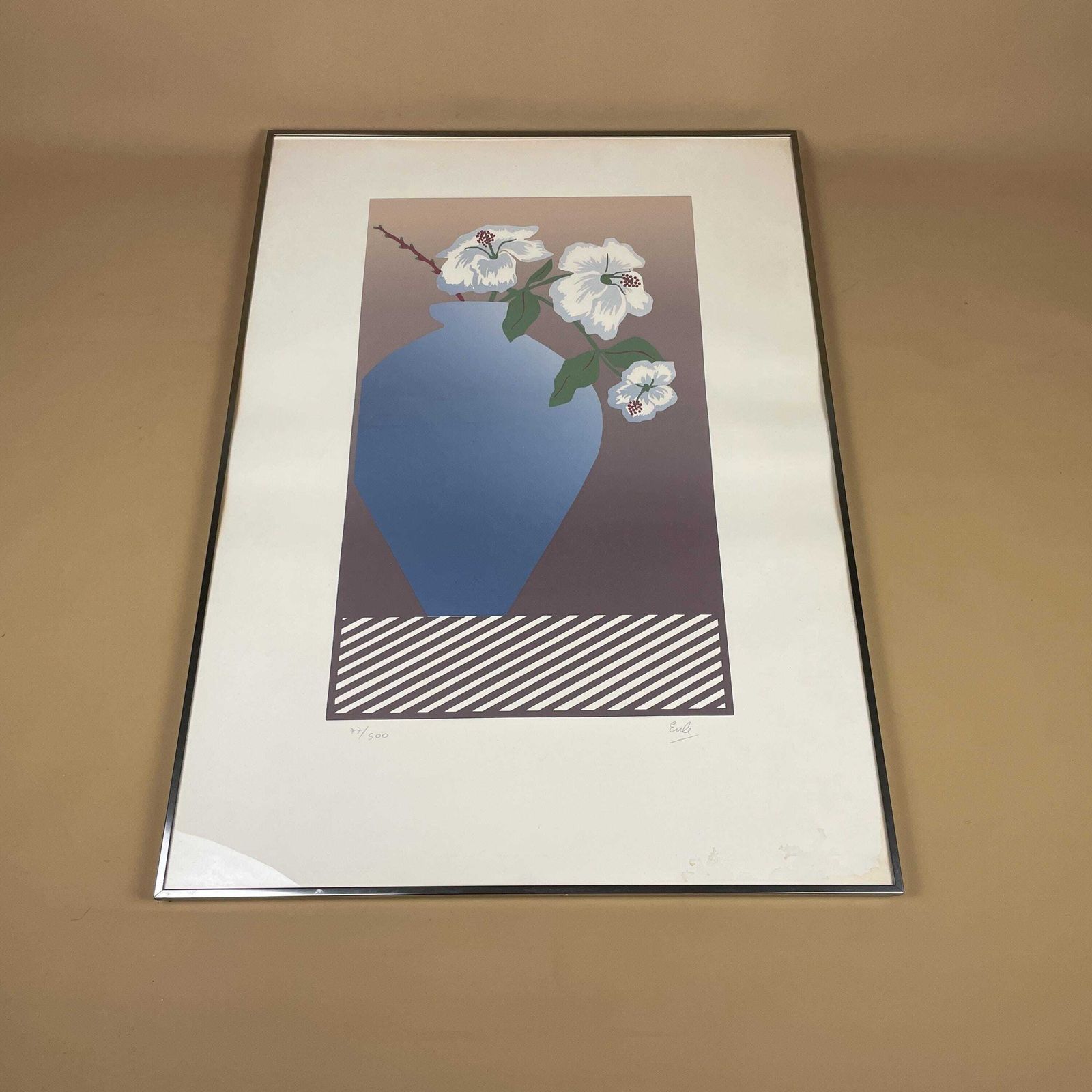 Modern Limited Edition Art Screen Print Signed Numbered 77/500 Floral Vase Contemporary Graphic Wall Art Blue White Silver Metal Frame
