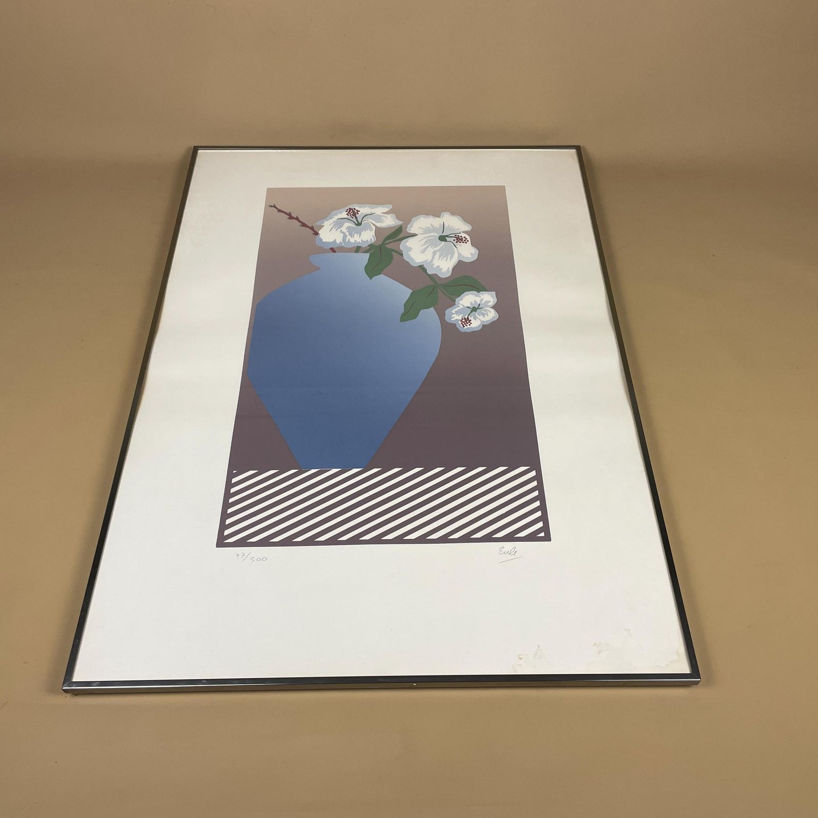 Modern Limited Edition Art Screen Print Signed Numbered 77/500 Floral Vase Contemporary Graphic Wall Art Blue White Silver Metal Frame photo for sale