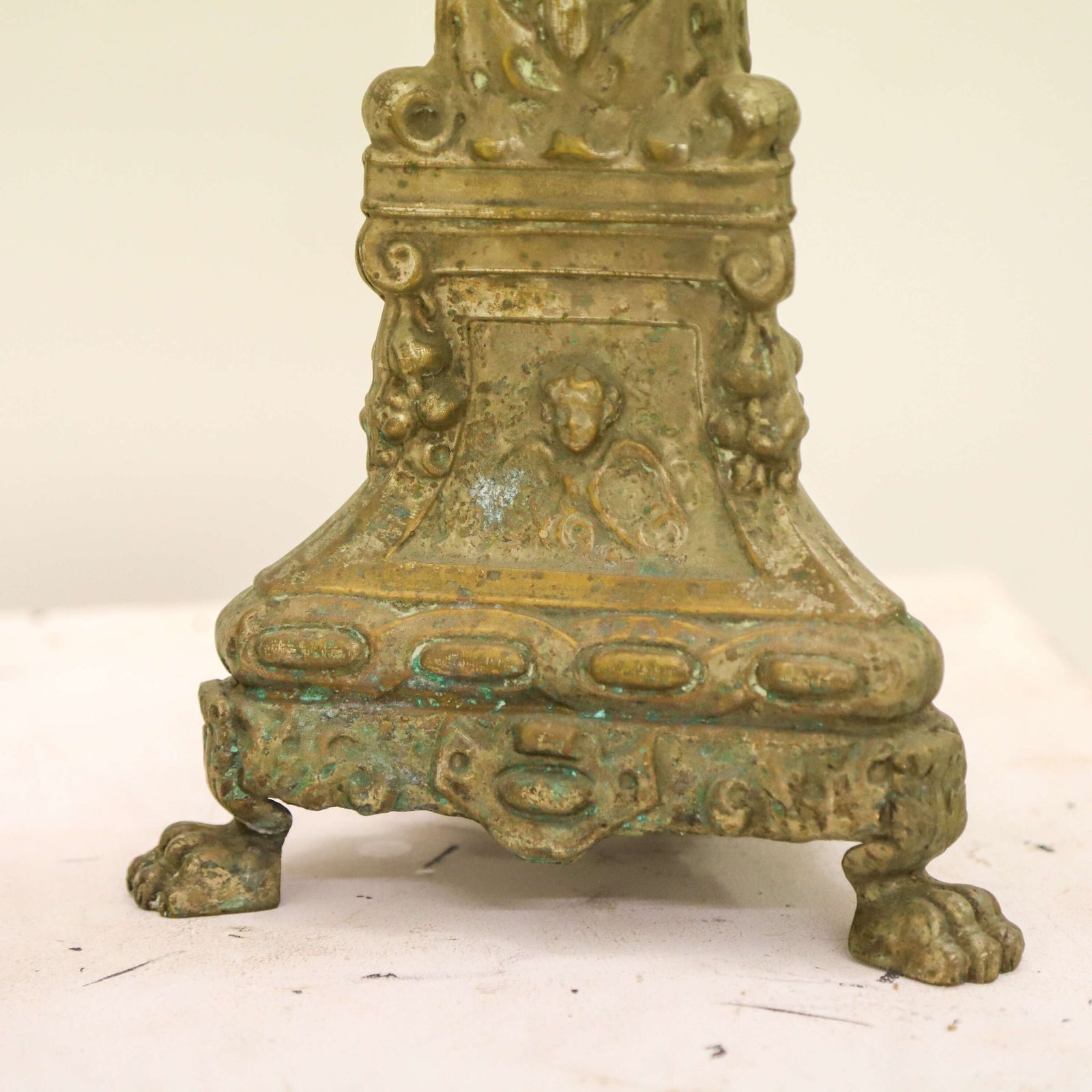 Pair Of Antique French Pricket Candlesticks With Angels And Traces Of Silver Plate photo for sale