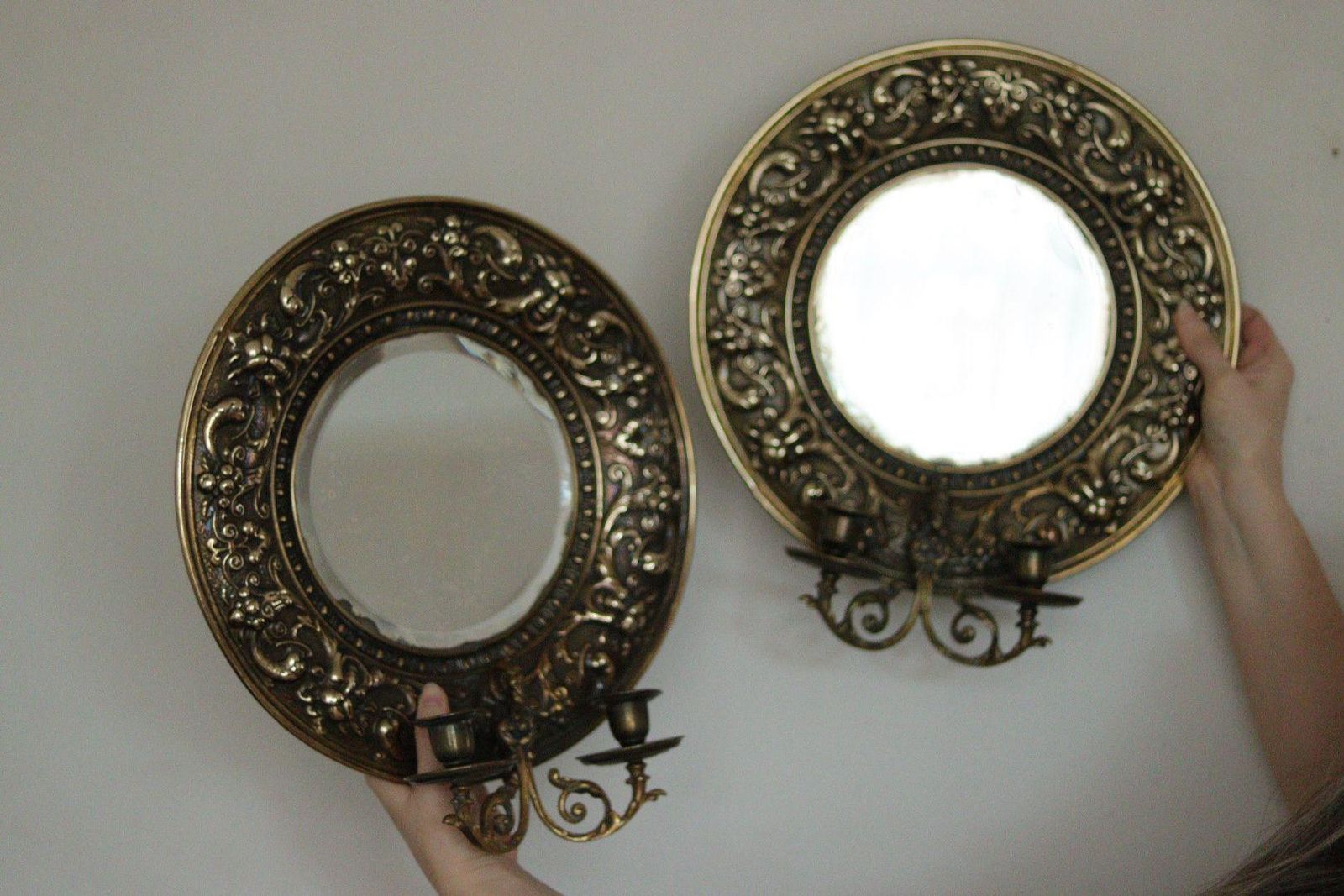 Pair Of Antique Swedish Brass Sconces With Mirror photo furniture