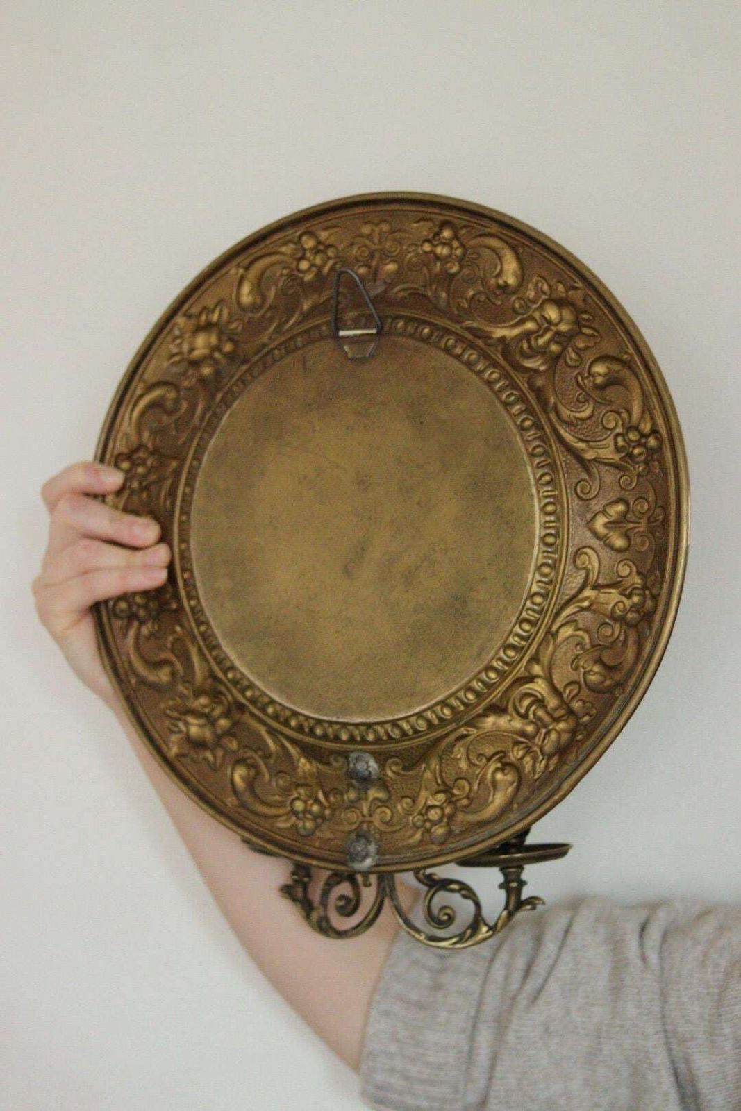 Pair Of Antique Swedish Brass Sconces With Mirror photo vintage