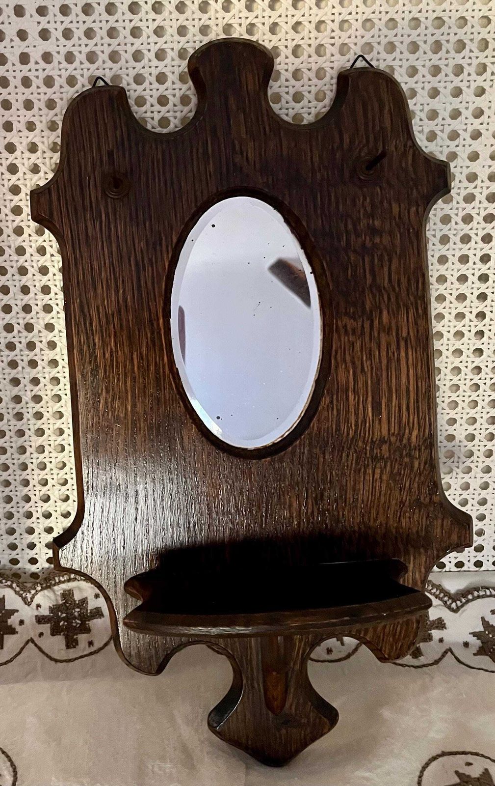Small Antique Arts & Crafts Oval Mirror With Carved Shelf And Hooks Ready To Hang