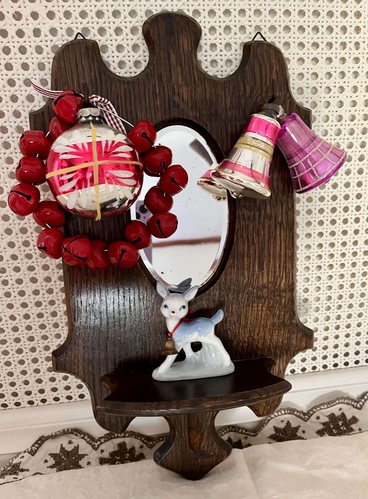 Small Antique Arts & Crafts Oval Mirror With Carved Shelf And Hooks Ready To Hang photo furniture