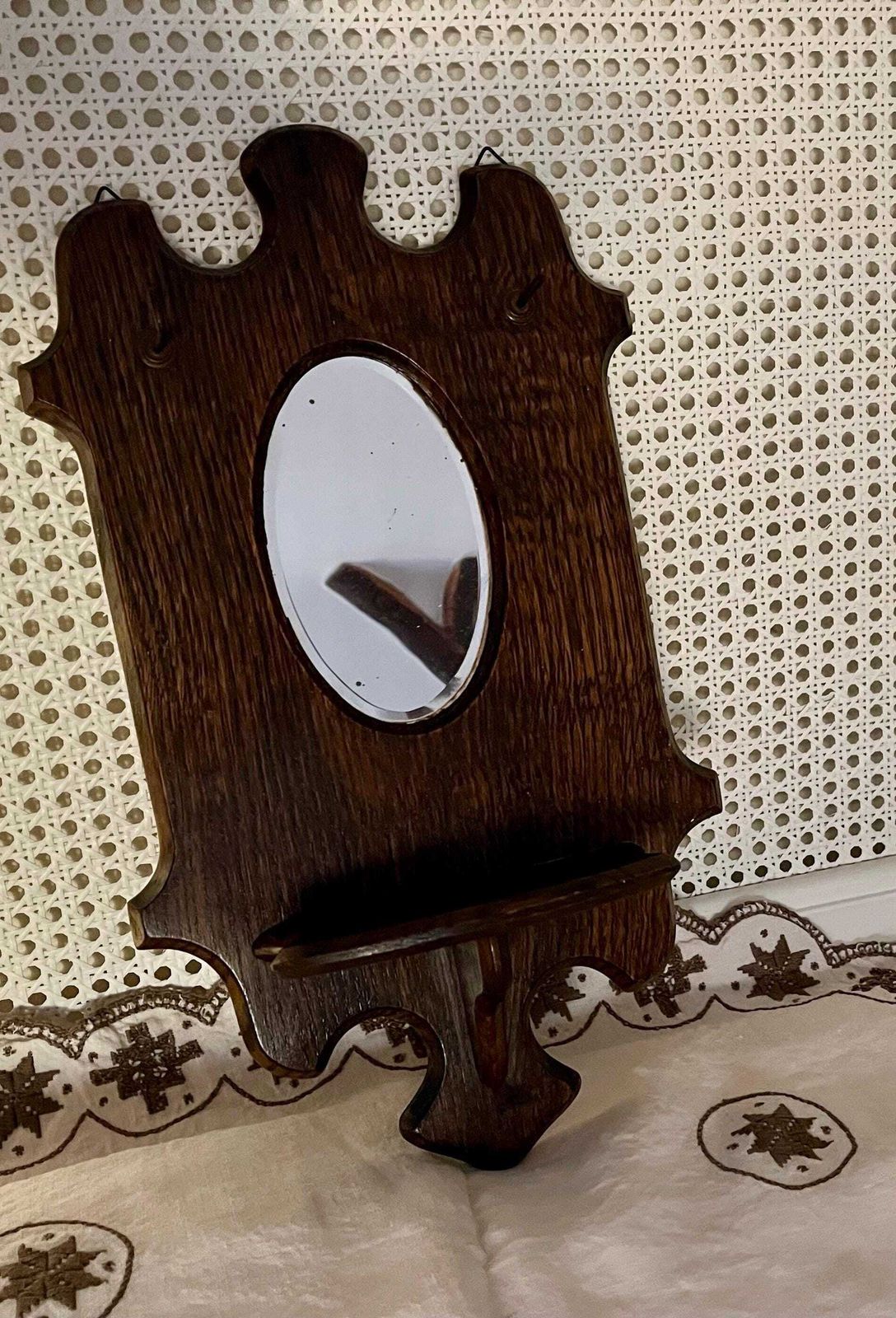 Small Antique Arts & Crafts Oval Mirror With Carved Shelf And Hooks Ready To Hang photo Home Decor