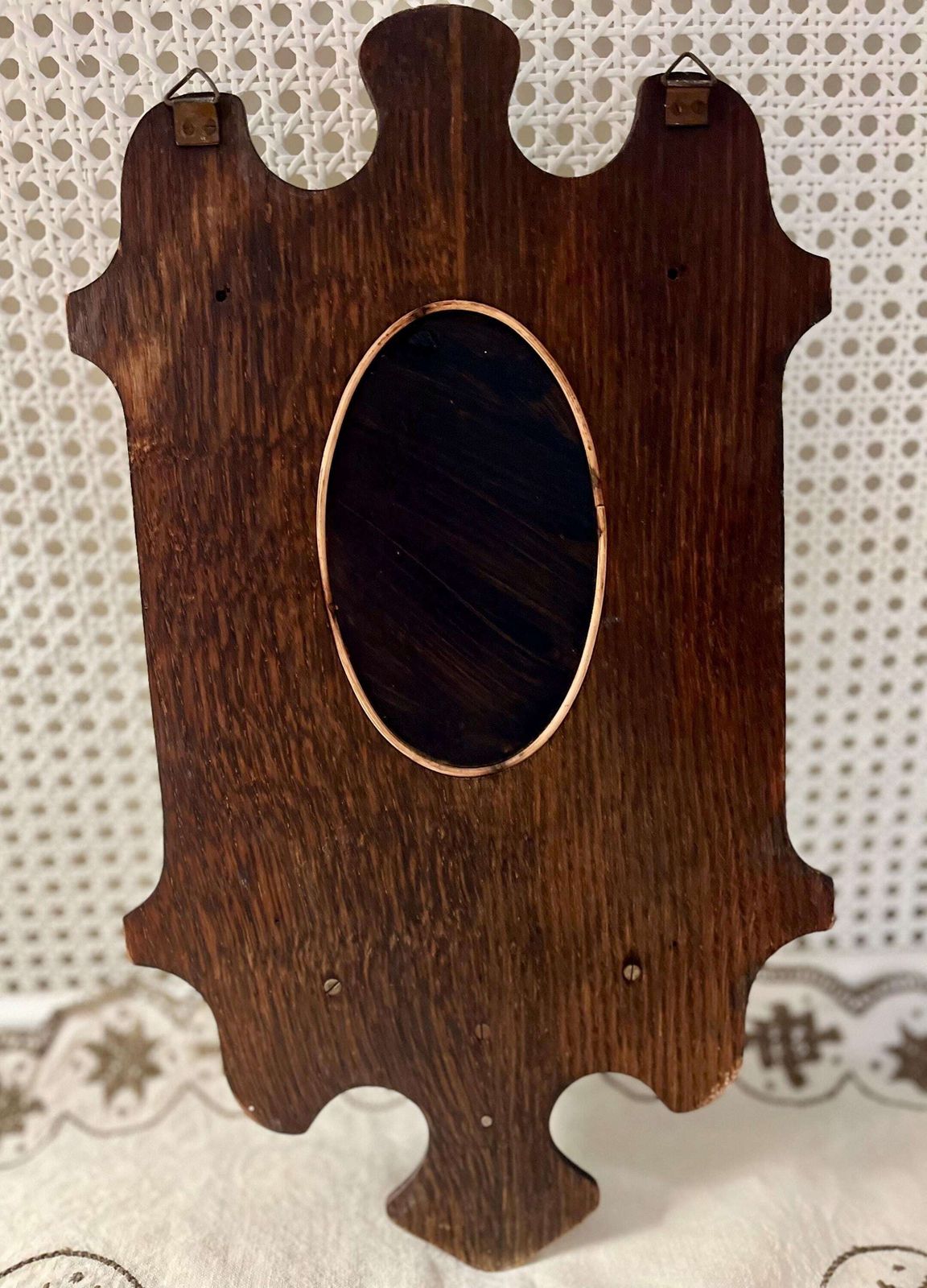 Small Antique Arts & Crafts Oval Mirror With Carved Shelf And Hooks Ready To Hang photo buy