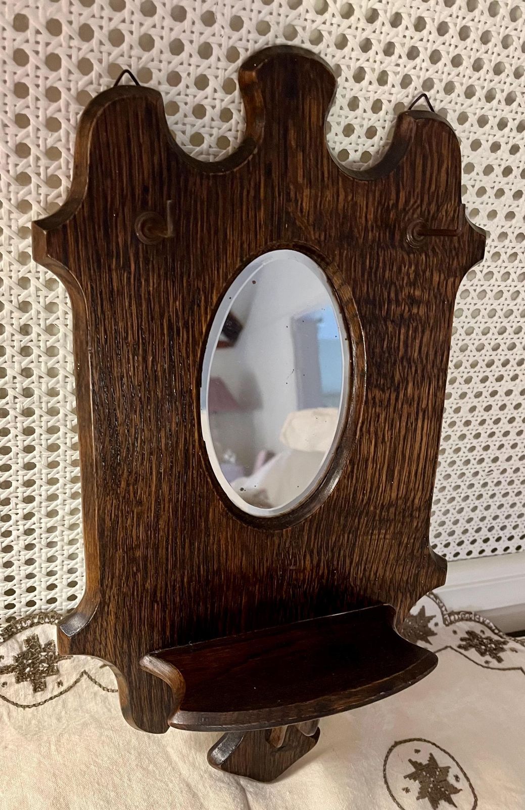 Home Decor Small Antique Arts & Crafts Oval Mirror With Carved Shelf And Hooks Ready To Hang photo