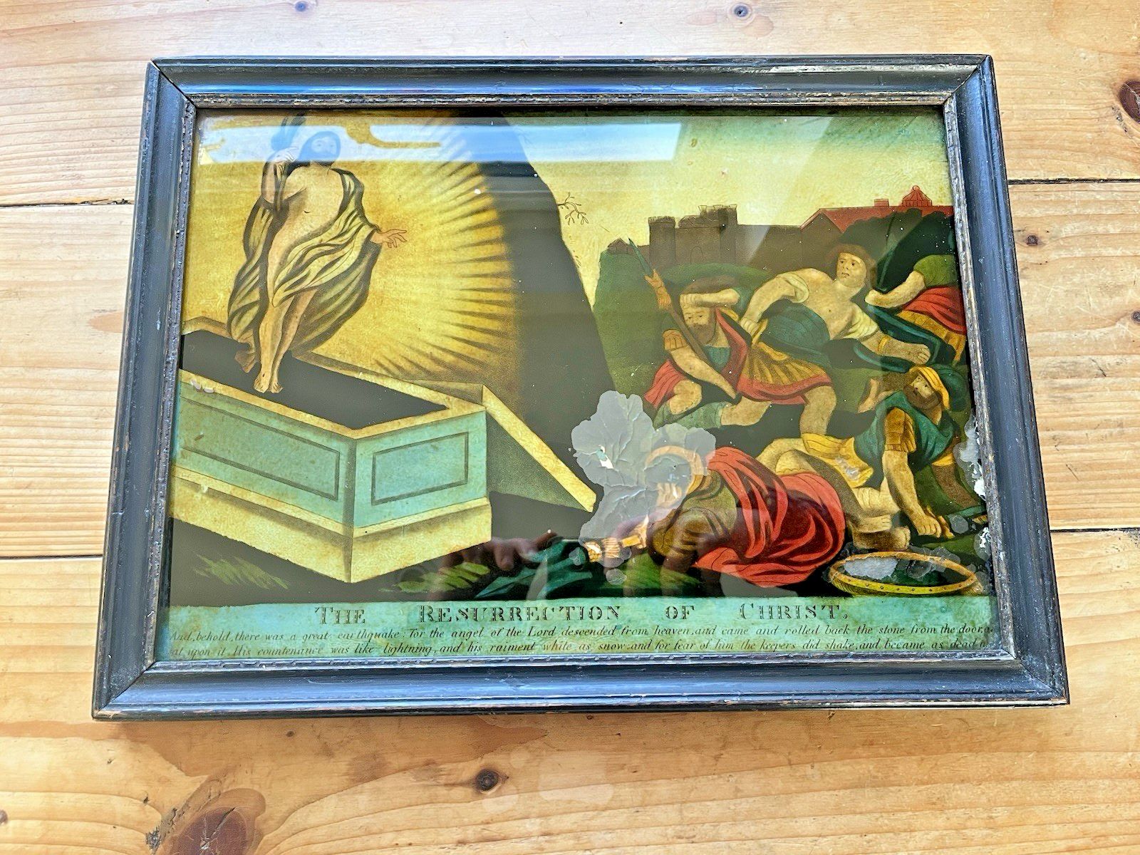 1810 Antique Resurrection Of Christ Reverse Glass Mezzotint Print Religious Icon photo vinterior