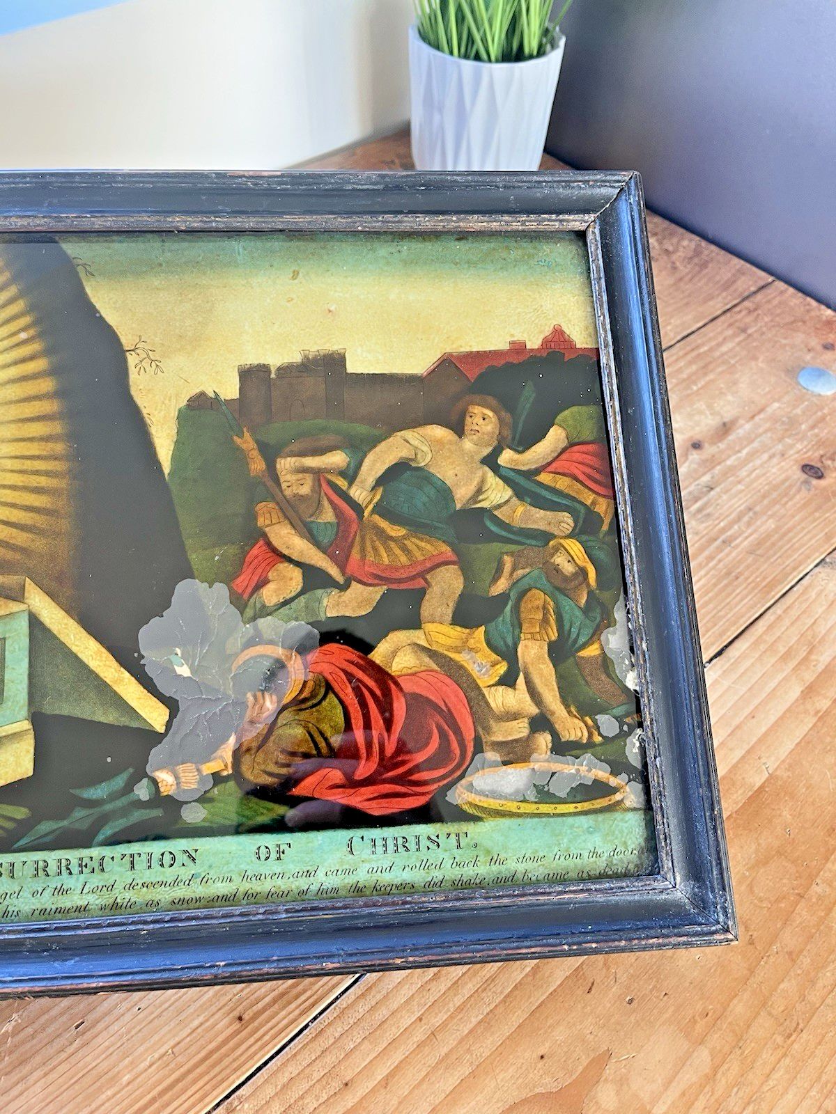 1810 Antique Resurrection Of Christ Reverse Glass Mezzotint Print Religious Icon photo vintage