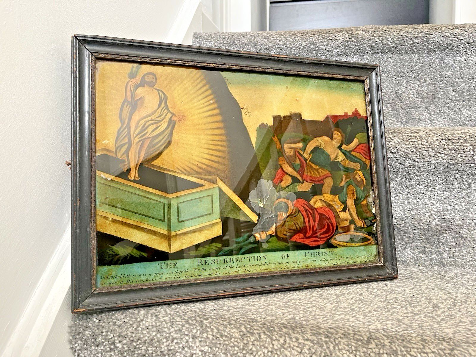 photo buy 1810 Antique Resurrection Of Christ Reverse Glass Mezzotint Print Religious Icon