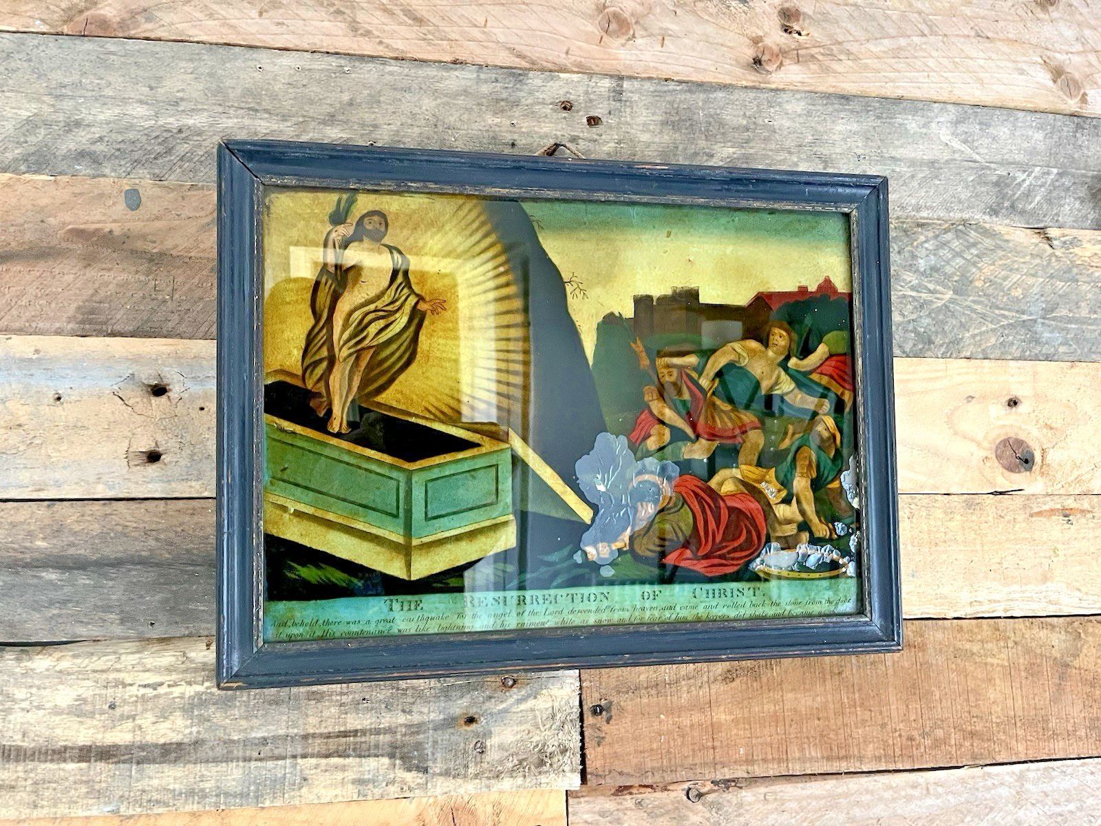 photo vintage 1810 Antique Resurrection Of Christ Reverse Glass Mezzotint Print Religious Icon