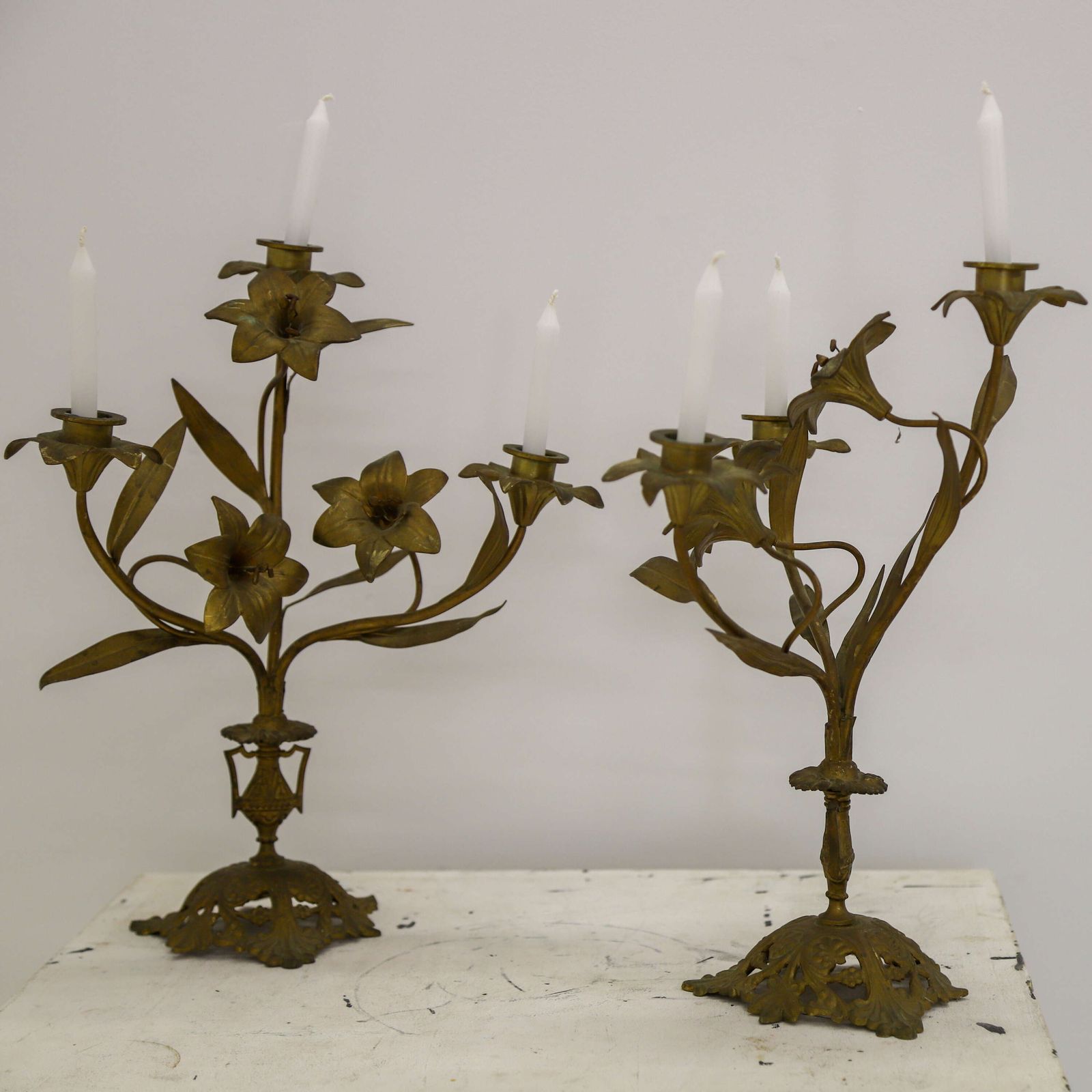 Pair Of Antique French Gilt Church Candelabra With Floral Branches, C.1900 photo furniture