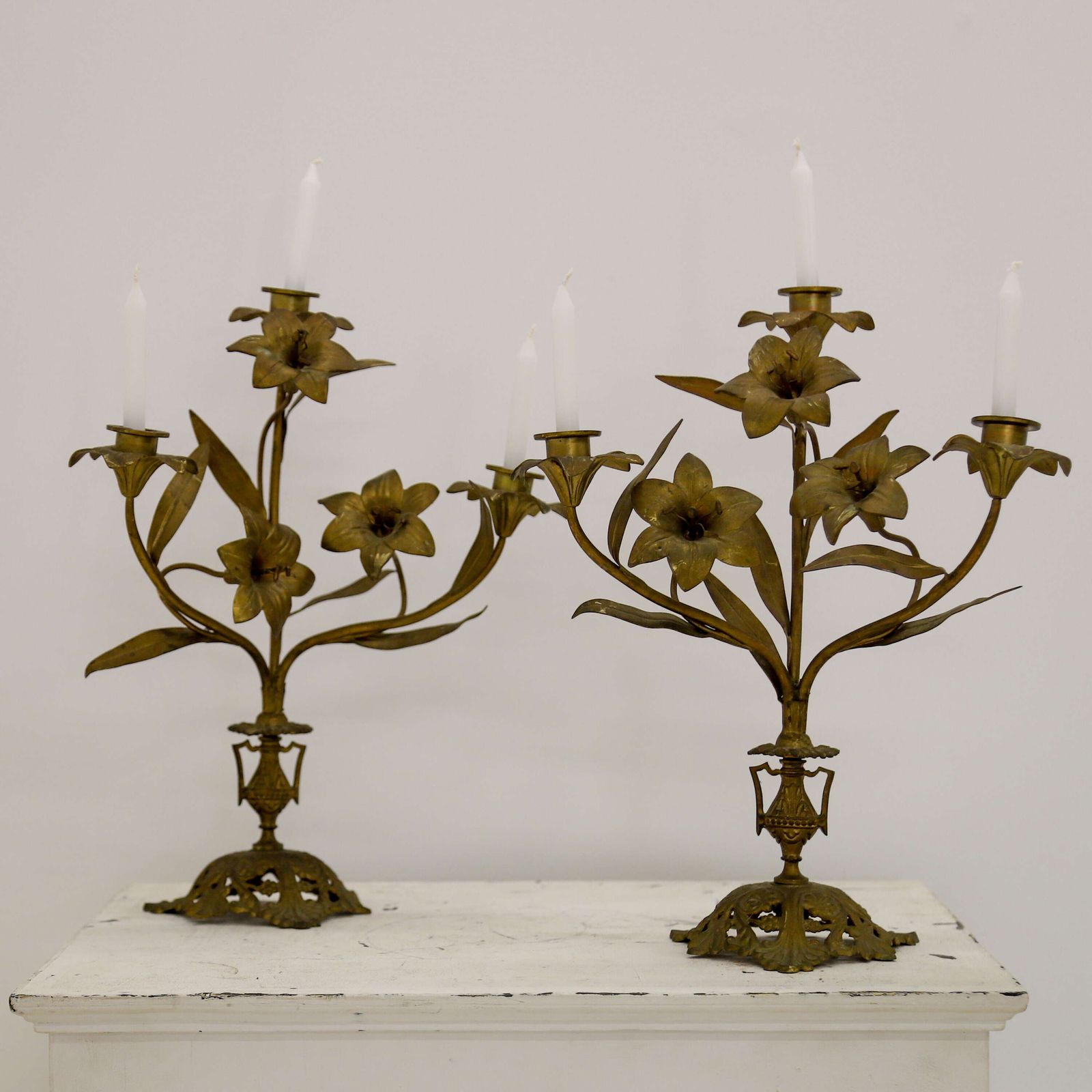 Pair Of Antique French Gilt Church Candelabra With Floral Branches, C.1900 photo for sale