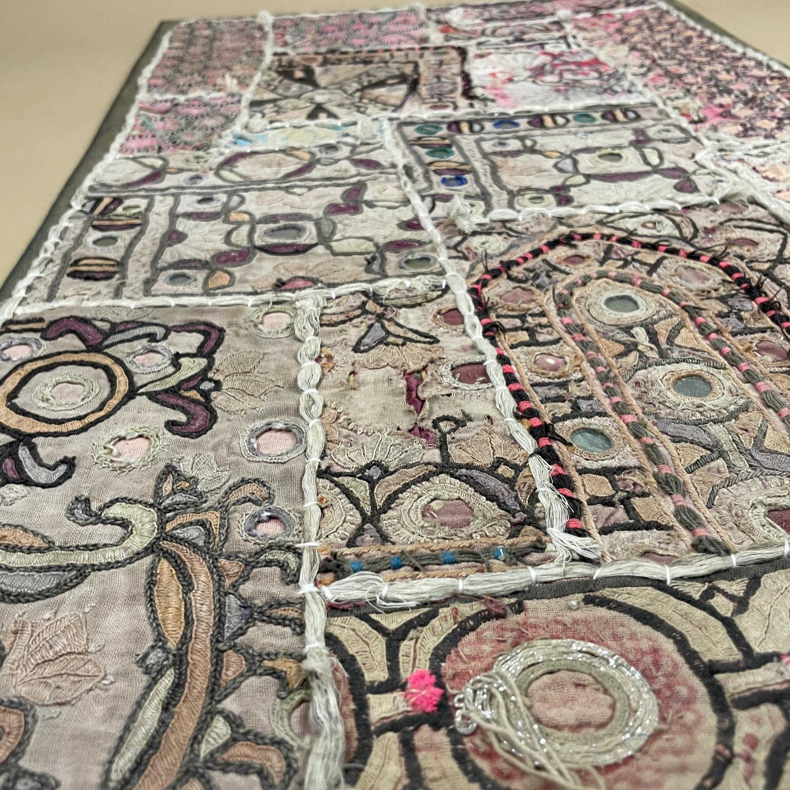photo for sale Vintage Indian Textile Patchwork Embroidered Fabric On Board Art Artwork Pink Boho Folk Accent Home Decor