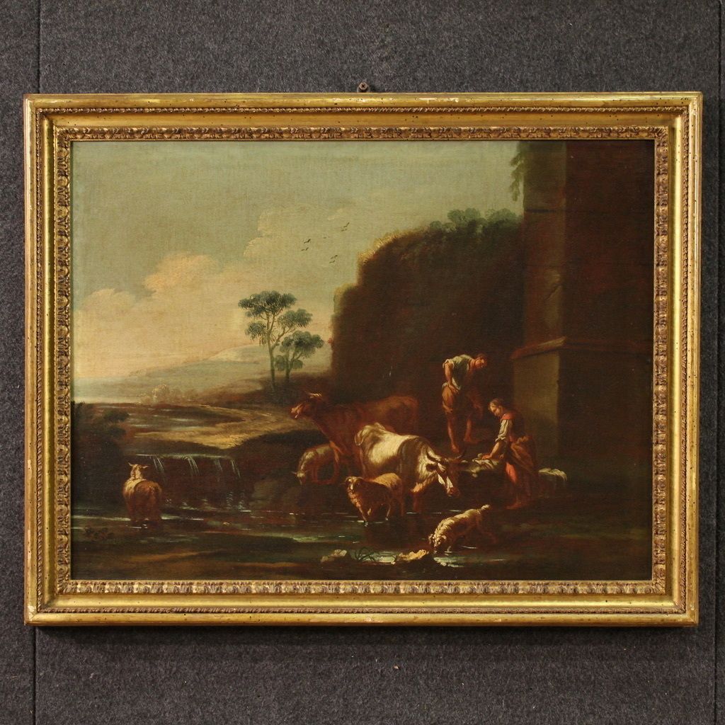 Painting Of The Roman School Of The 17th Century, Landscape With Pastoral Scene