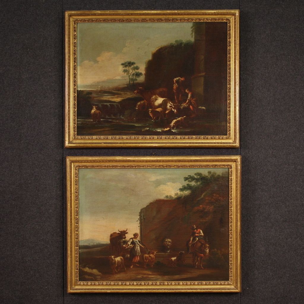 photo vintage Painting Of The Roman School Of The 17th Century, Landscape With Pastoral Scene
