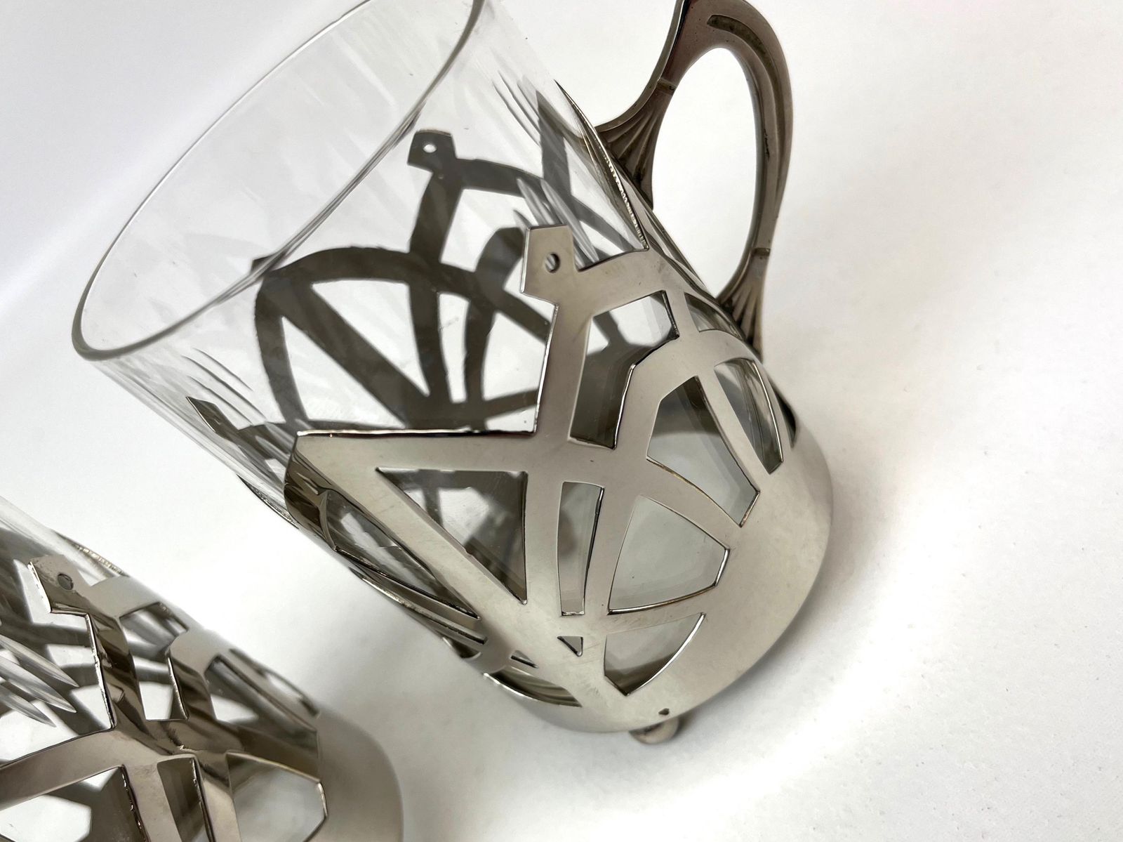 Stunning Avant Garde Pair Of Bauhaus Art Deco Tea & Coffee Glass Cups In Silver Plated Holders photo Home Decor