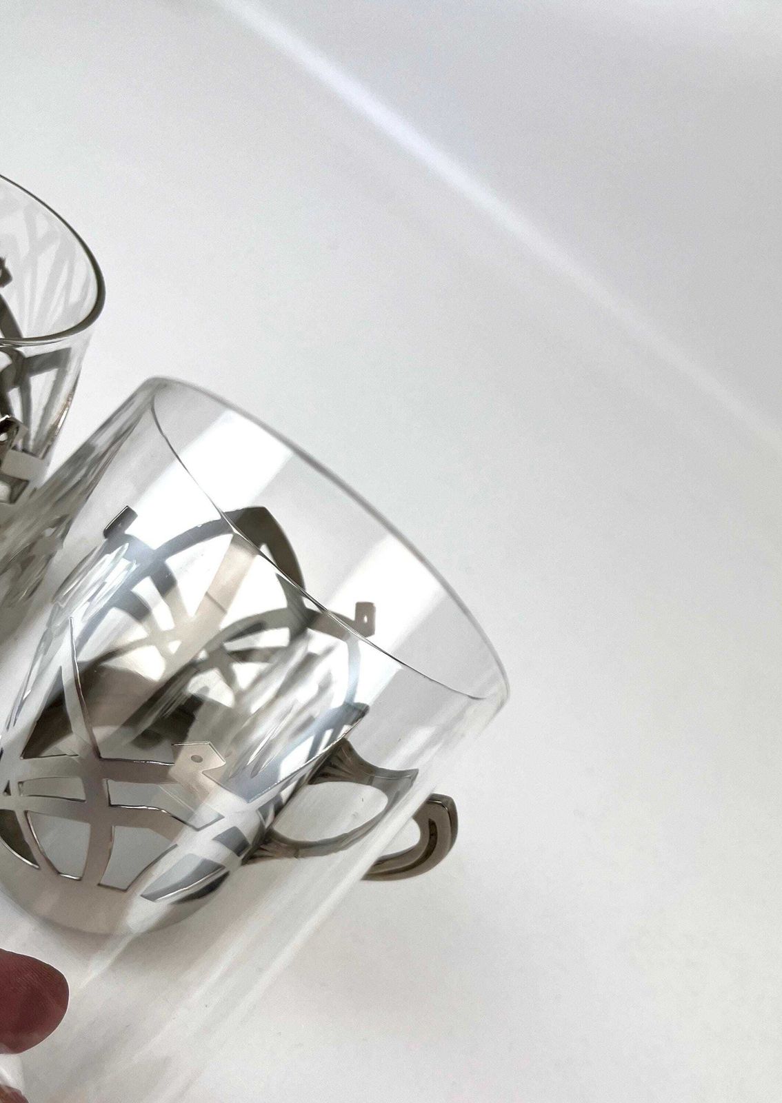 Stunning Avant Garde Pair Of Bauhaus Art Deco Tea & Coffee Glass Cups In Silver Plated Holders photo 248.0