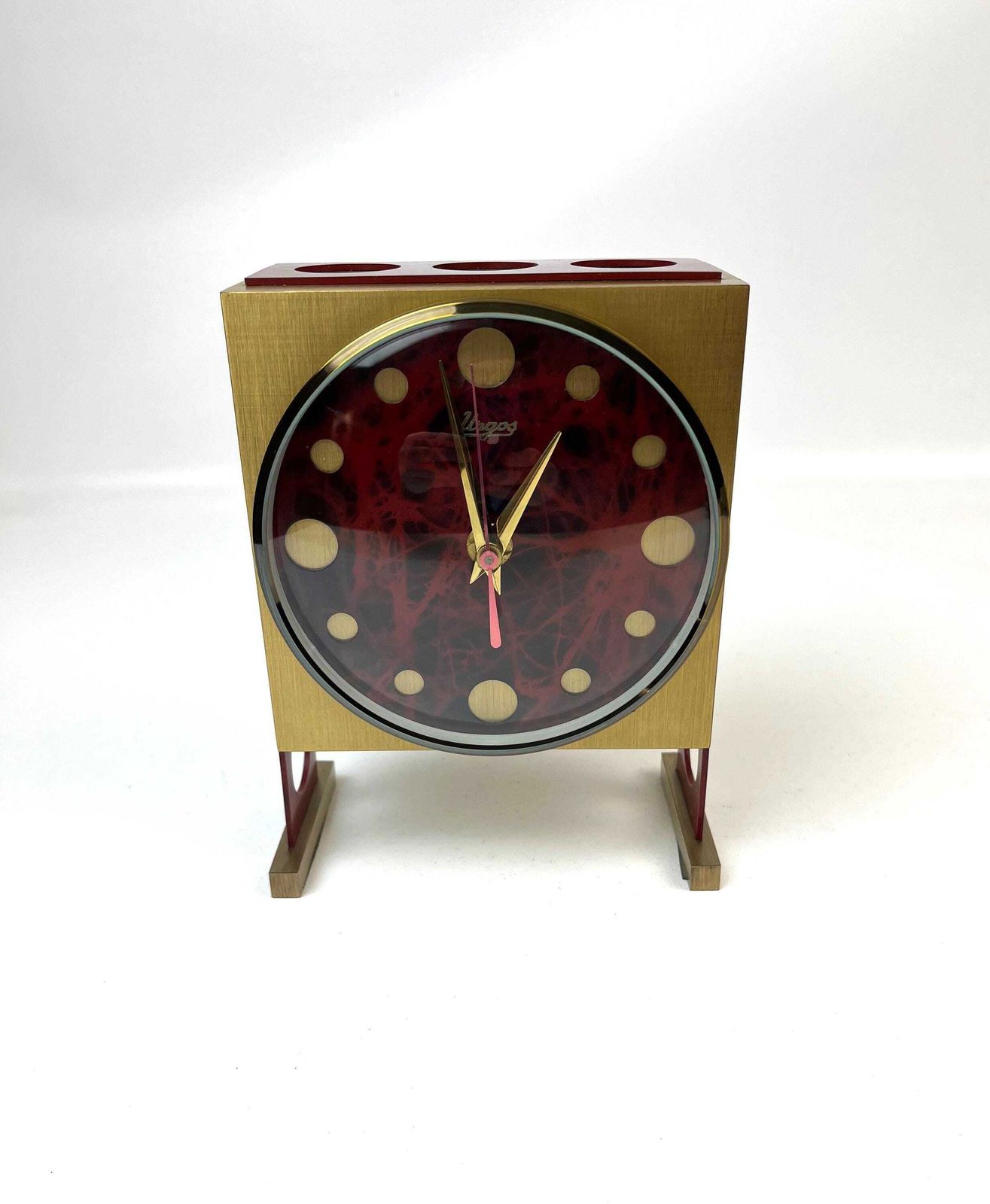 Very Rare Space Age Solid Brass Cubist Mid Century Desk Clock By Urgos Germany 1970 photo for sale