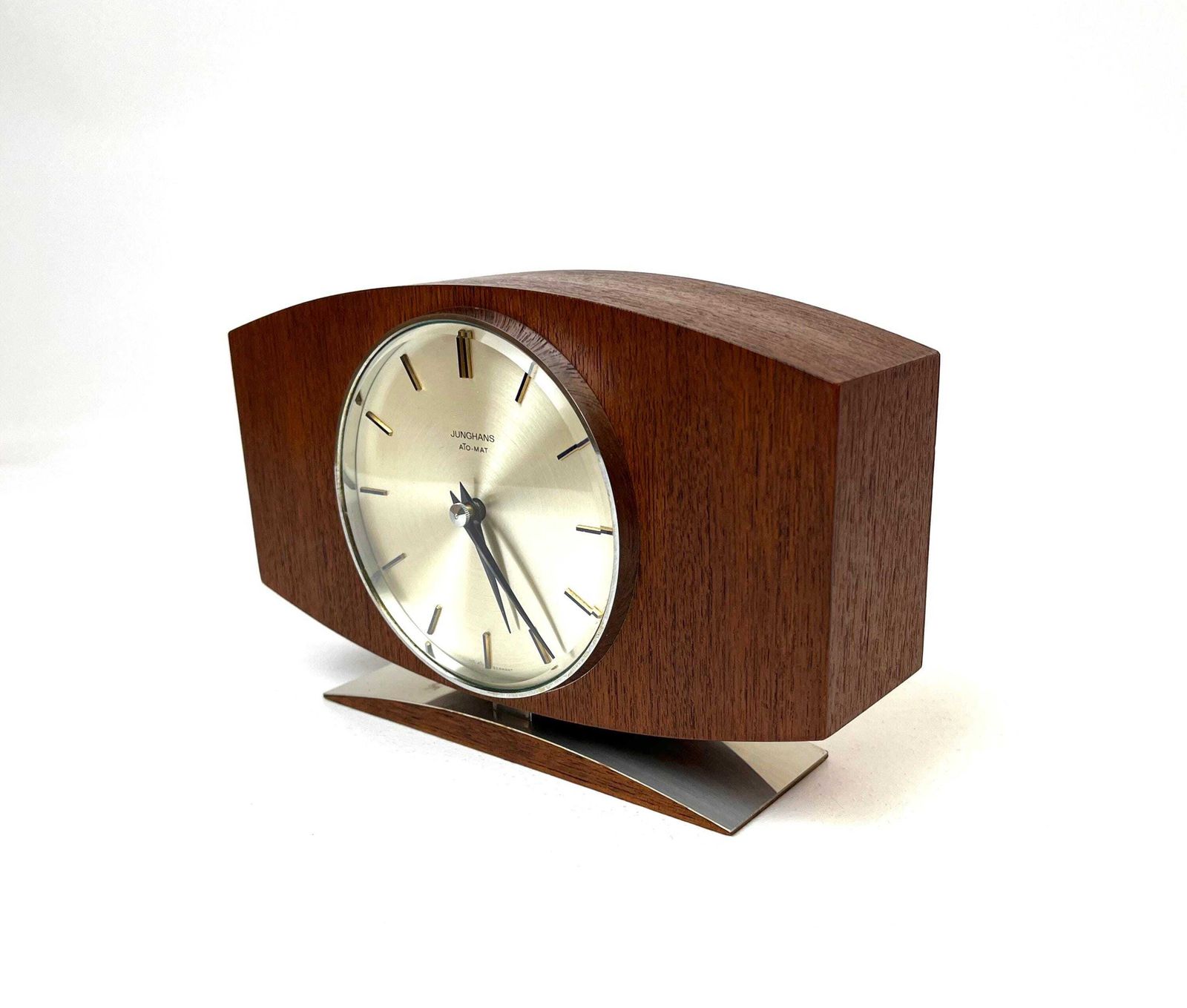 Rare Mid Century Teak & Chrome Minimalist Desk Clock By Junghans Eames Max Bill Age photo vinterior