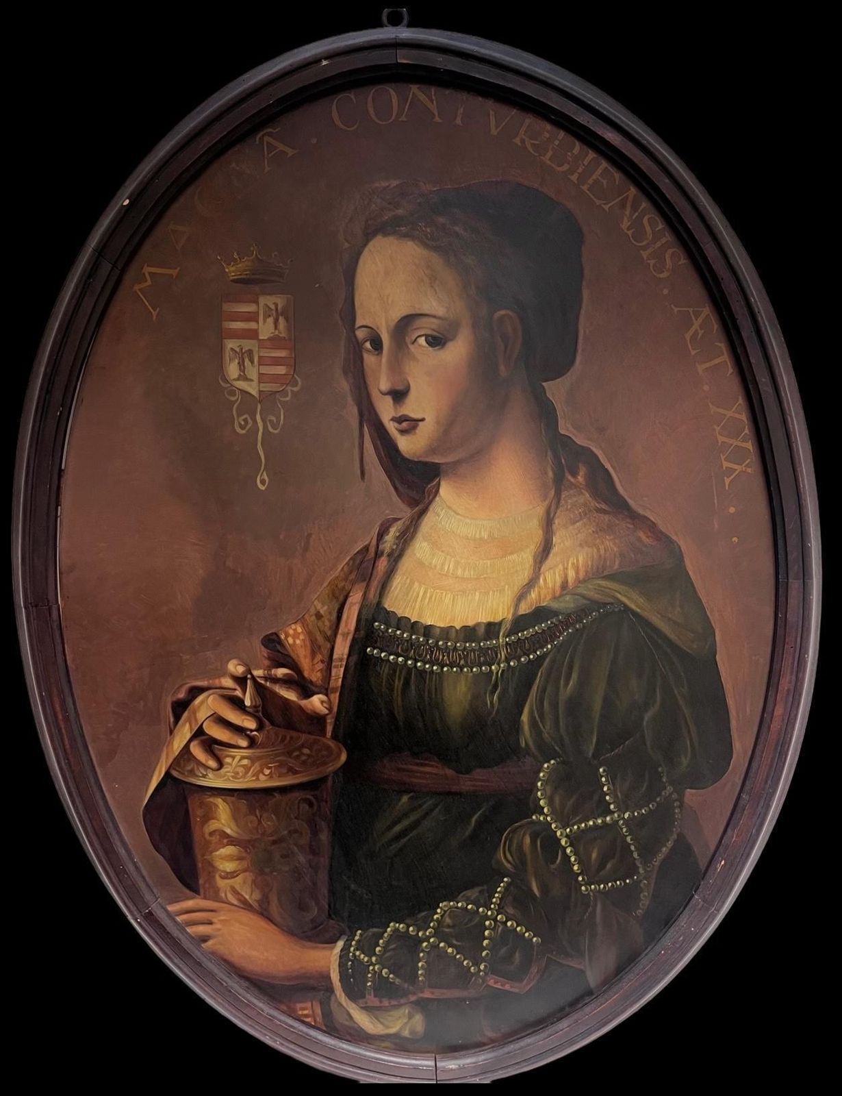Spanish Antique Huge Antique Oil Painting Oval Portrait Of Mary Magdalene Holding Ointment Jar