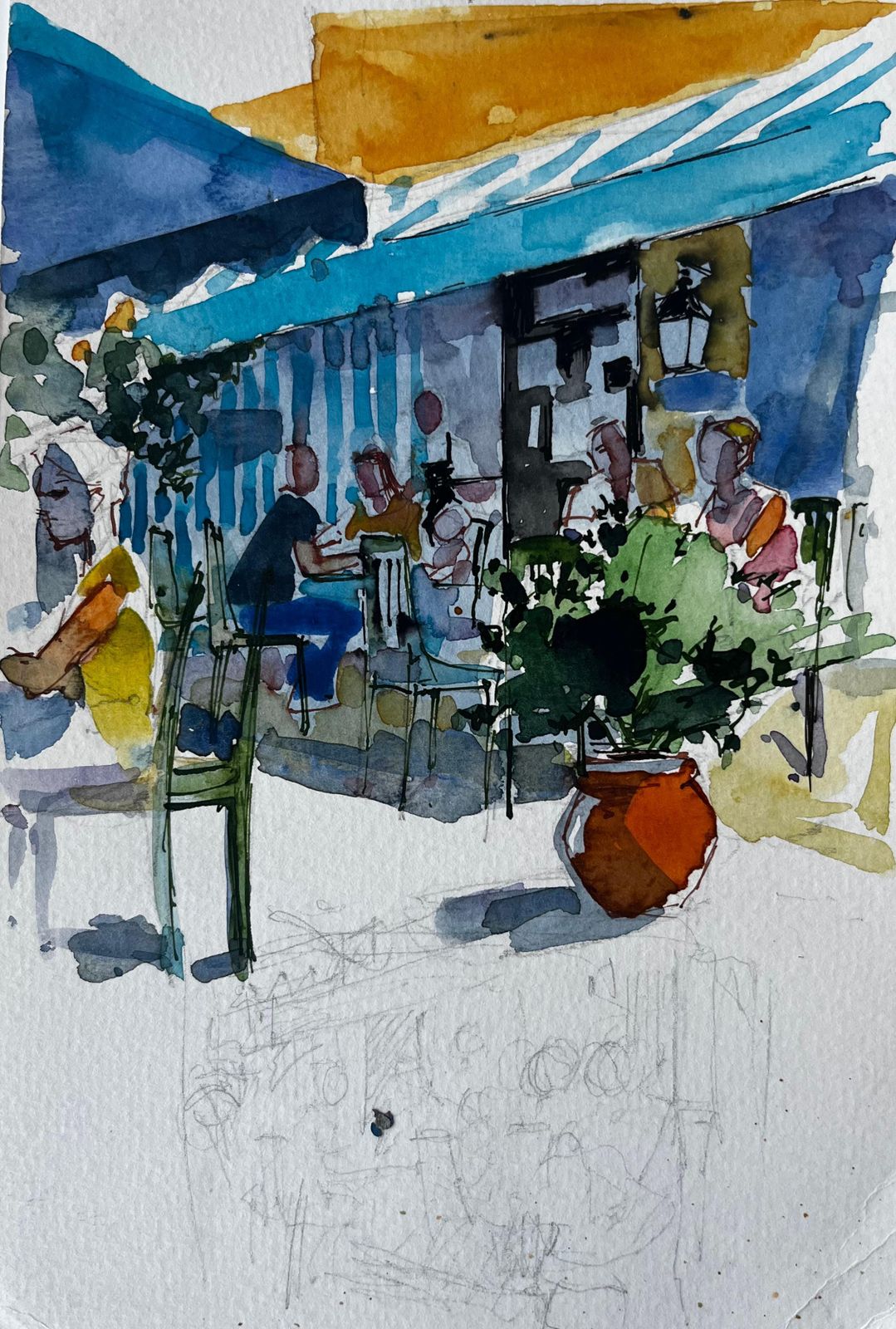 Pierre Neveu Mediterranean Café Terrace Figures Blue Awnings Sunlit Street Watercolor
