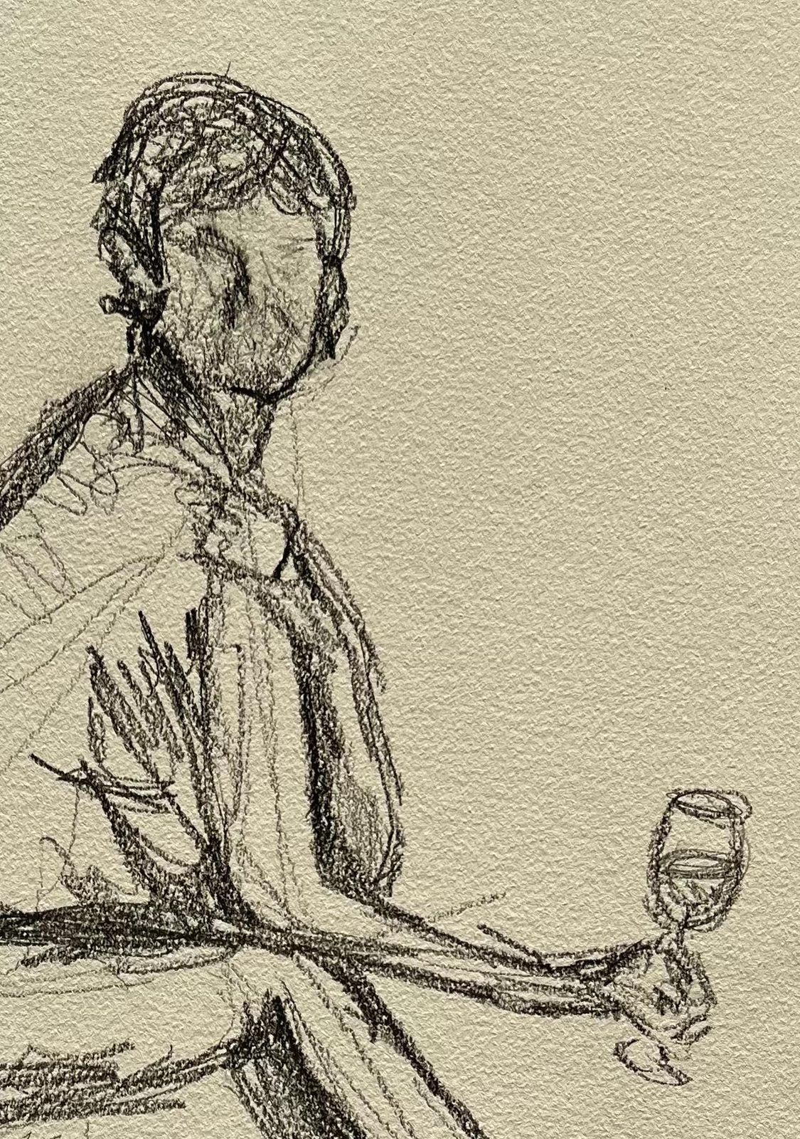 Minty Ramsey Seated Nude Female Figure Holding Wine Glass Expressive Gestural Pencil Drawing 2025 photo buy