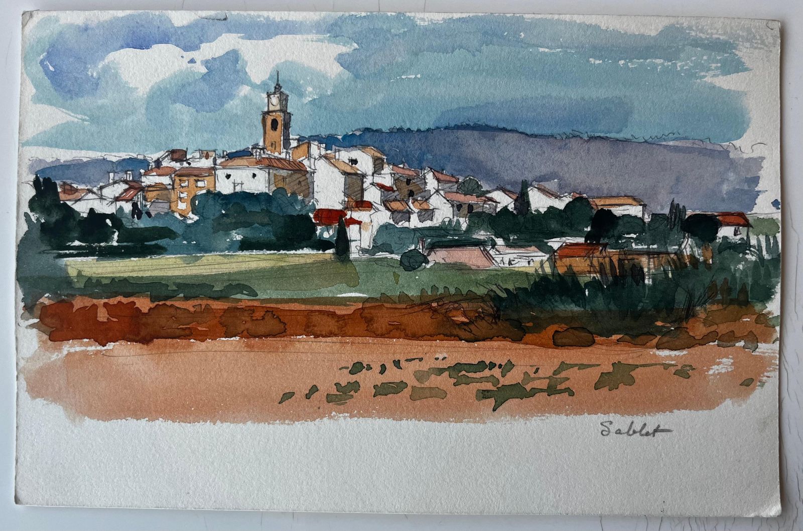Pierre Neveu Sablet Village Hilltop View Church Tower Vineyards And Red Earth Watercolour photo furniture
