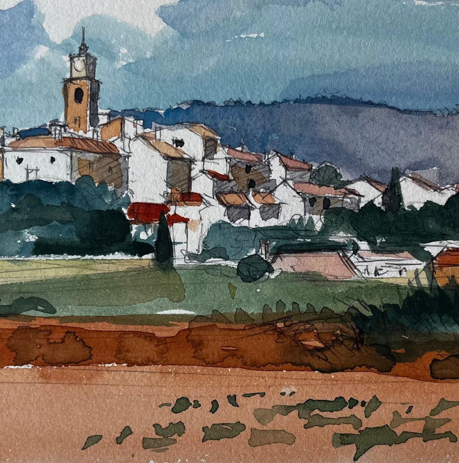Pierre Neveu Sablet Village Hilltop View Church Tower Vineyards And Red Earth Watercolour photo buy
