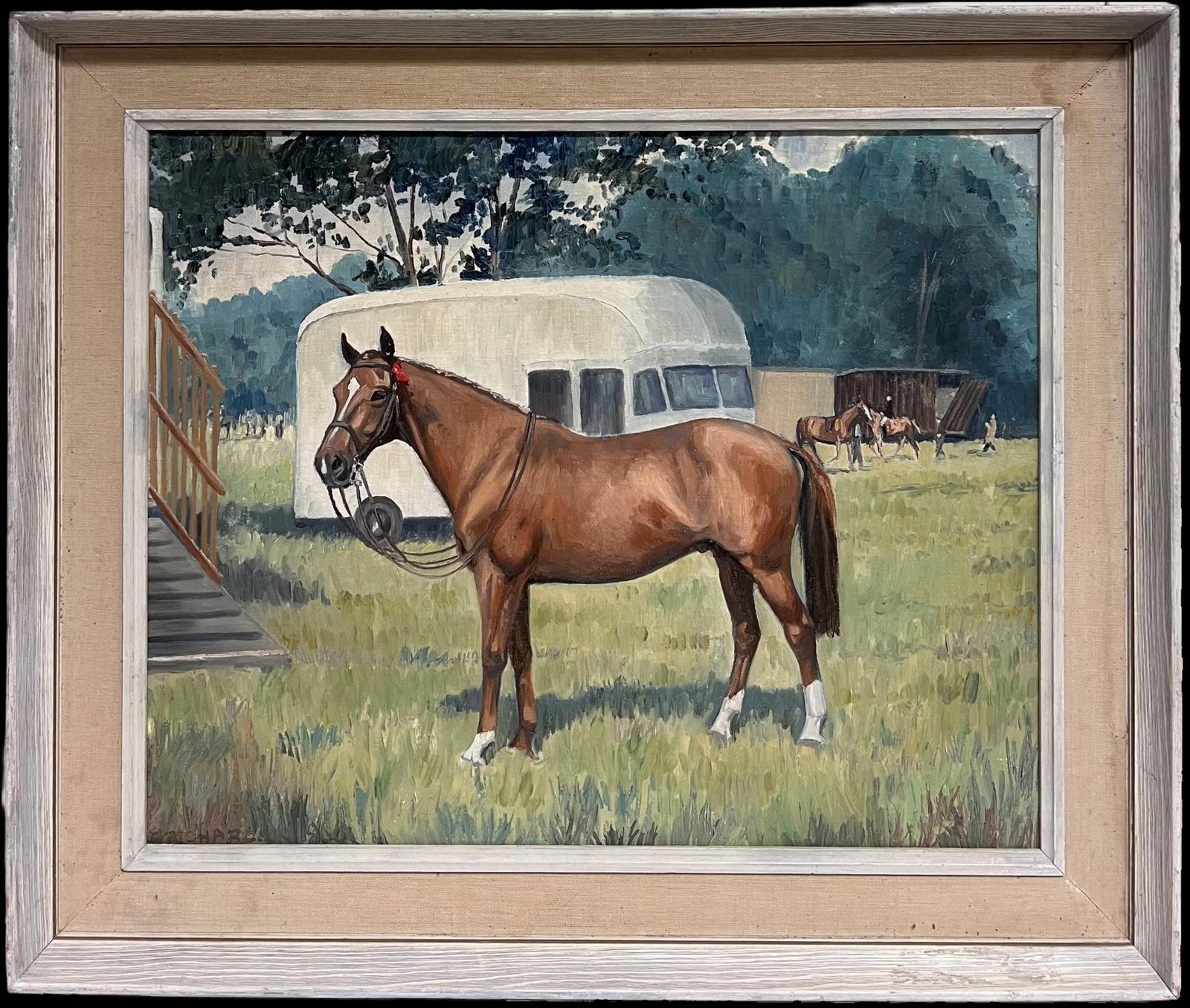 English School, 1966 Fine English Sporting Art Oil Painting Racehorse In Paddock Signed & Dated 1966