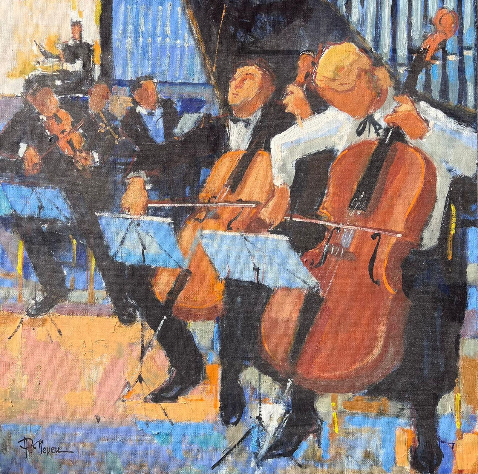 Pierre Neveu Orchestra Musicians Playing Cellos And Violins In Warm Concert Scene French Oil