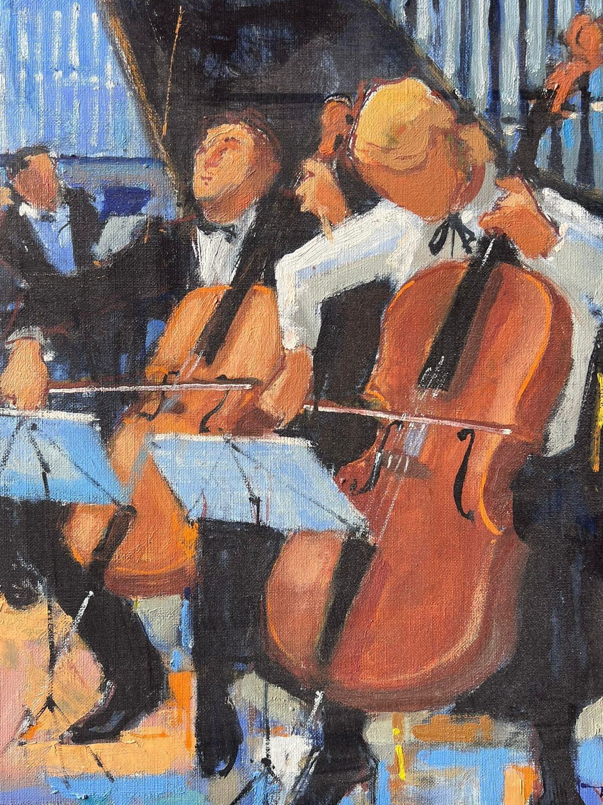 Pierre Neveu Orchestra Musicians Playing Cellos And Violins In Warm Concert Scene French Oil photo for sale