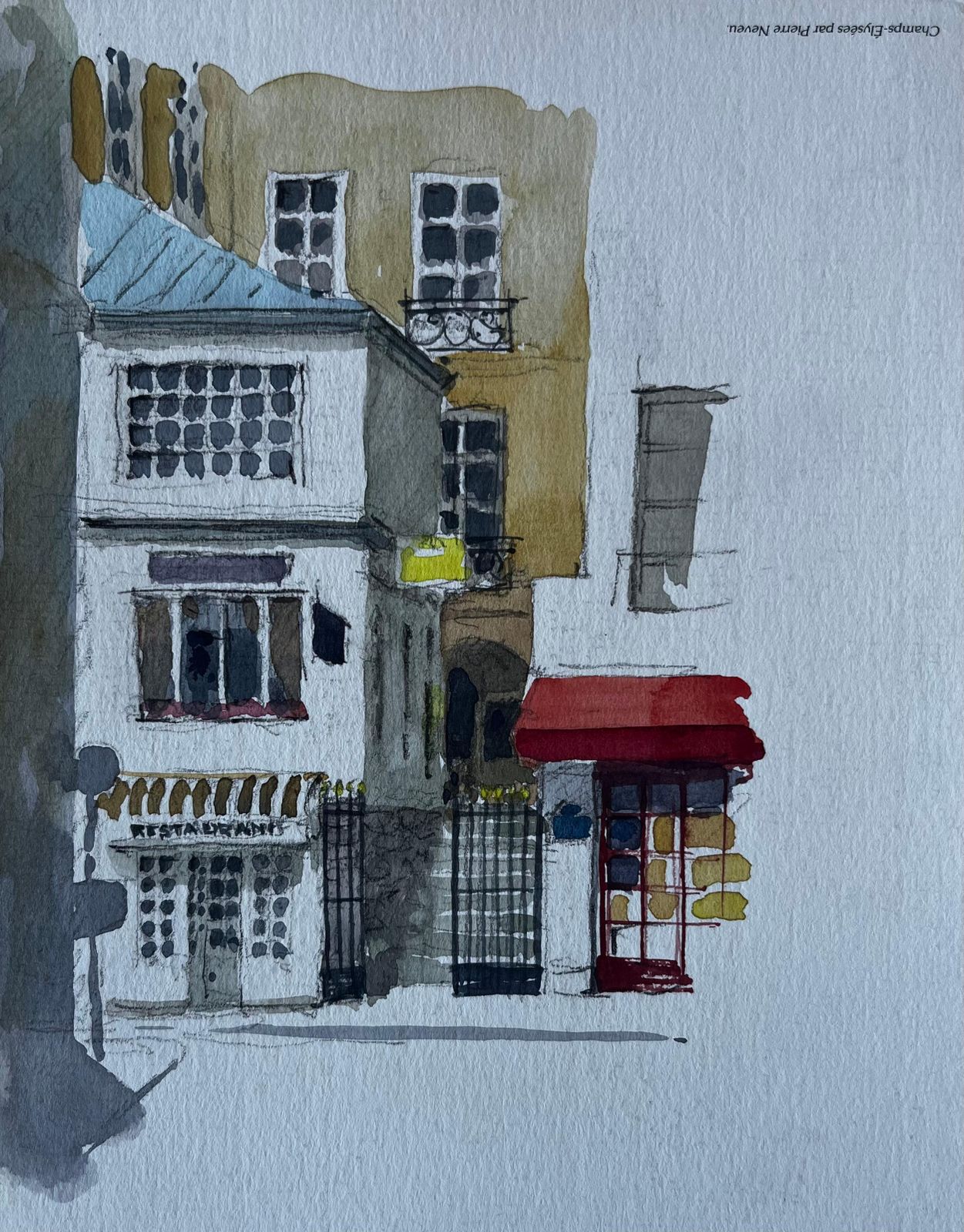 Pierre Neveu Paris Street Scene With Red Awning And Iron Gates Watercolour By Pierre Neveu