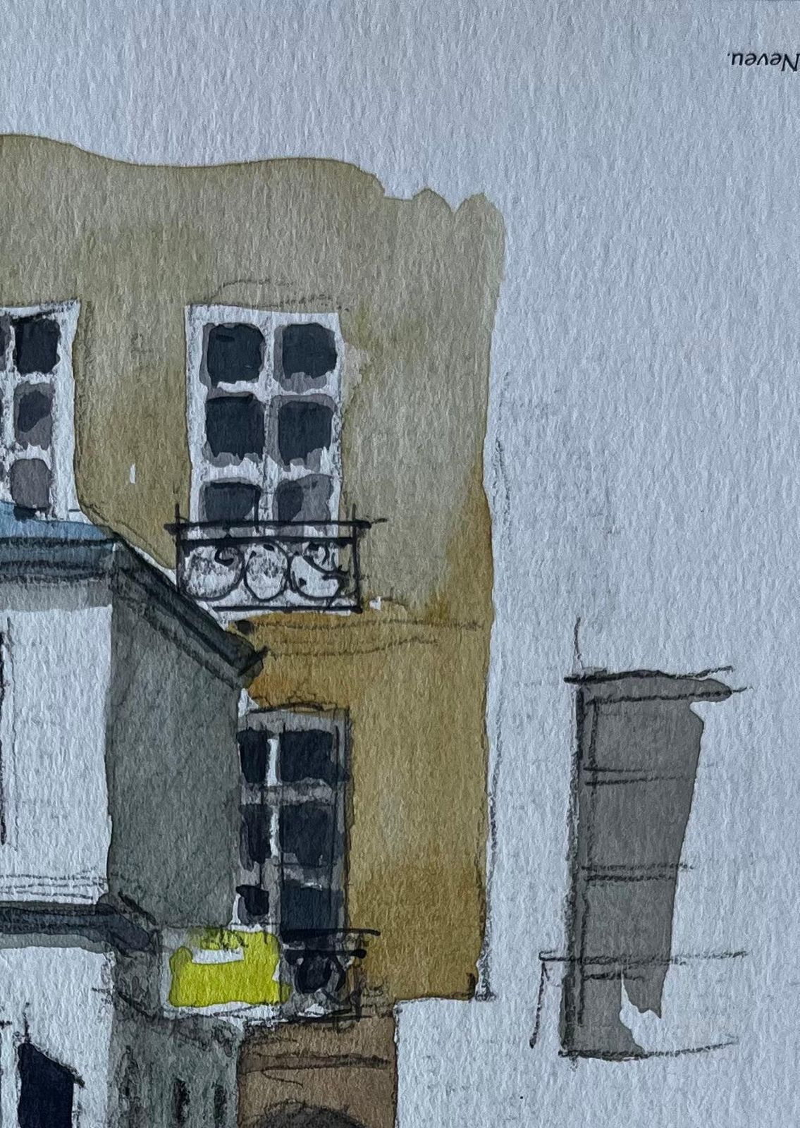 Pierre Neveu Paris Street Scene With Red Awning And Iron Gates Watercolour By Pierre Neveu photo for sale