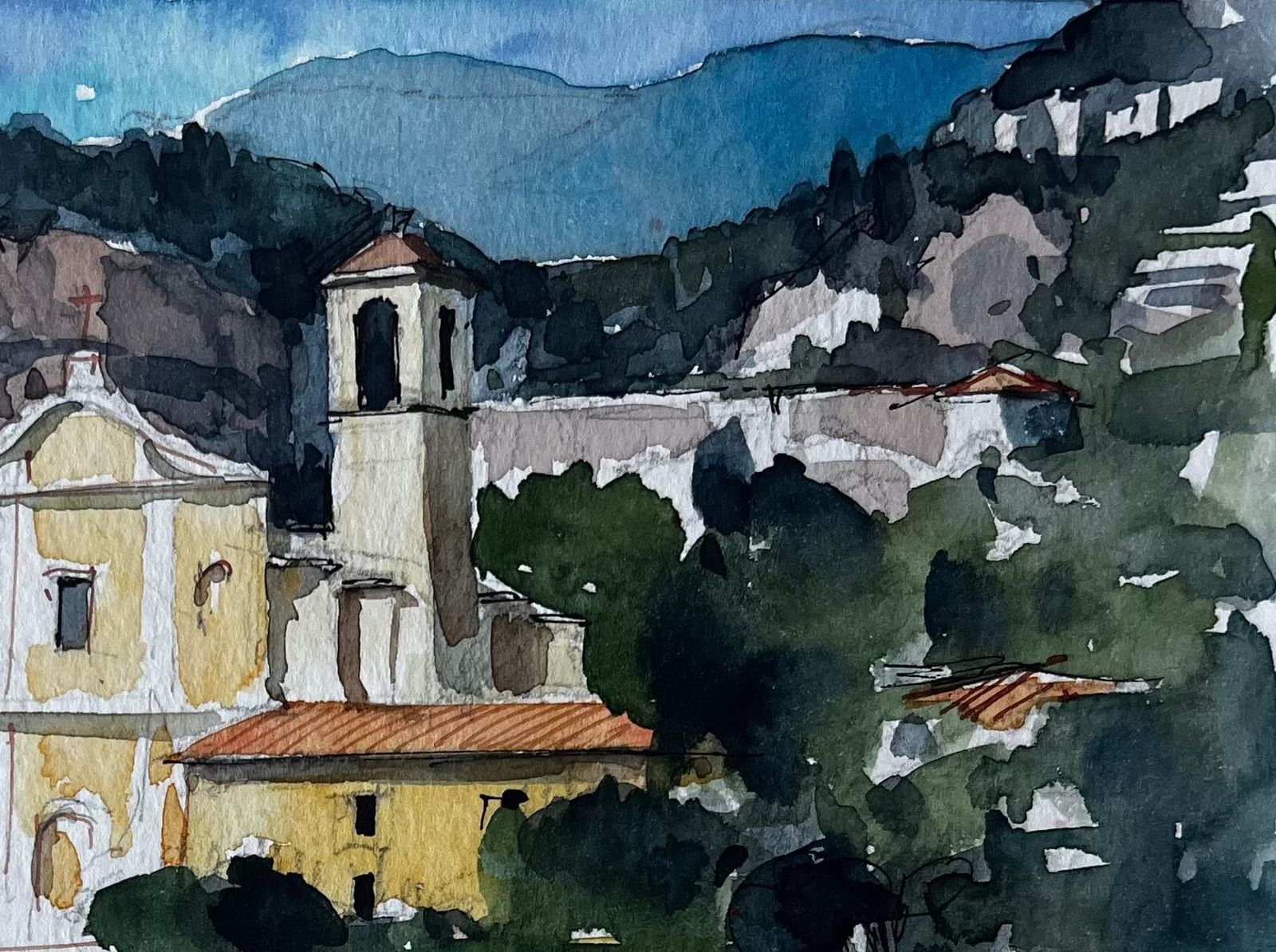 Pierre Neveu Mediterranean Coastal Town And Church Watercolour By Pierre Neveu photo for sale