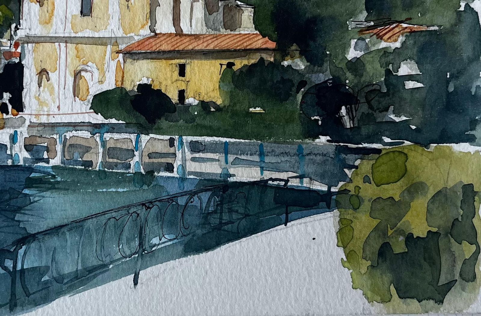 Pierre Neveu Mediterranean Coastal Town And Church Watercolour By Pierre Neveu photo 565.0