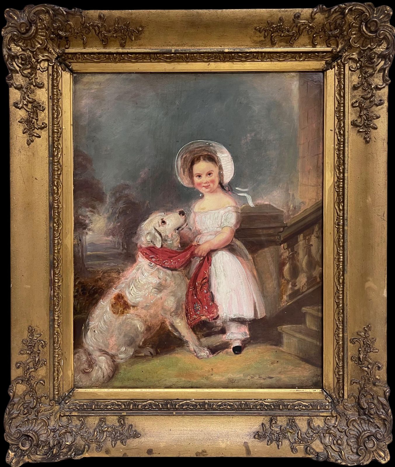Victorian School Large Victorian English Oil Painting Young Girl Country House Steps With Her Dog