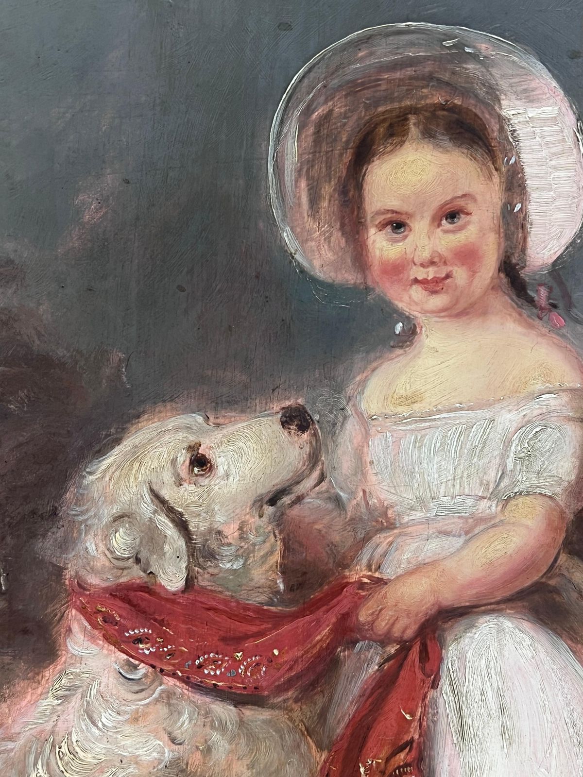 Victorian School Large Victorian English Oil Painting Young Girl Country House Steps With Her Dog photo buy