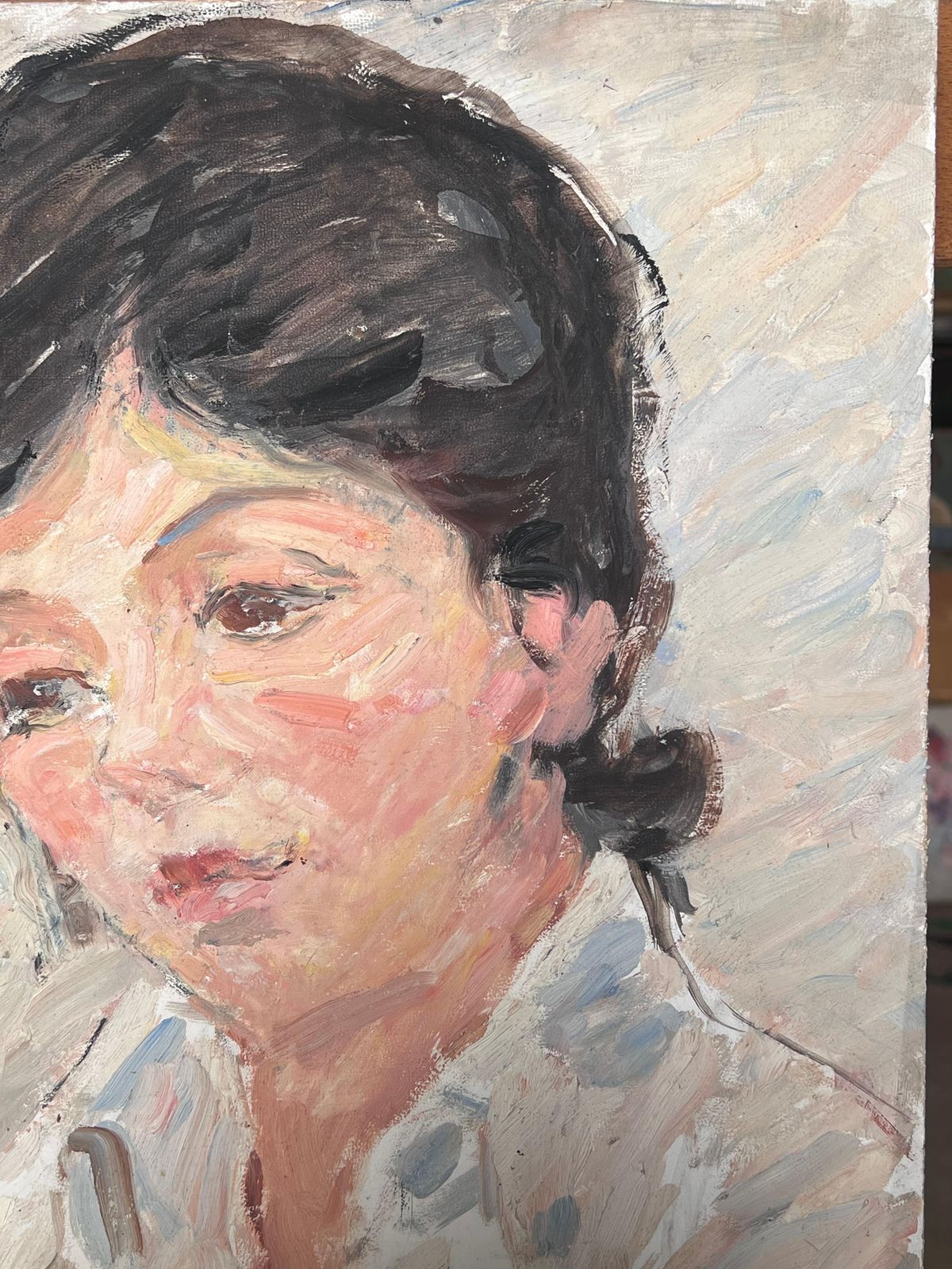 Suzanne Dinkes Mid Century French Impressionist Oil Portrait Of Woman White Blouse Shirt 1950's photo Art