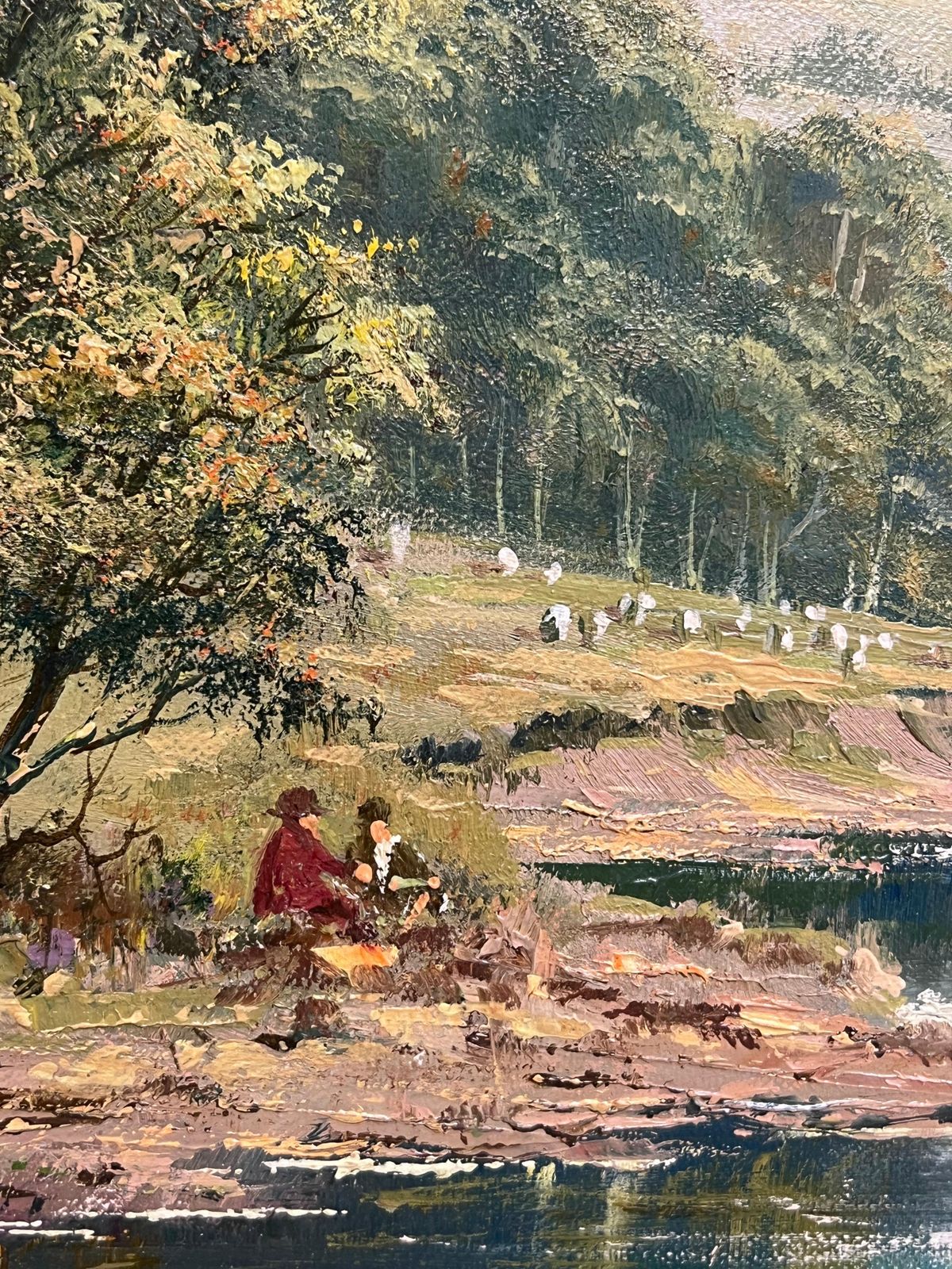 1495.0 Don Vaughan Large Traditional English Summer River Landscape Oil Painting Harvest & Picnic photo