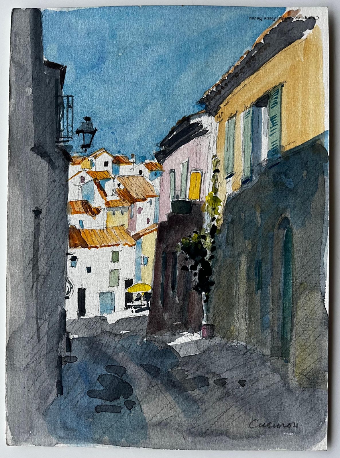 Pierre Neveu Sunlit Street In Cucuron With Terracotta Roofs And Shuttered Houses Watercolour photo furniture
