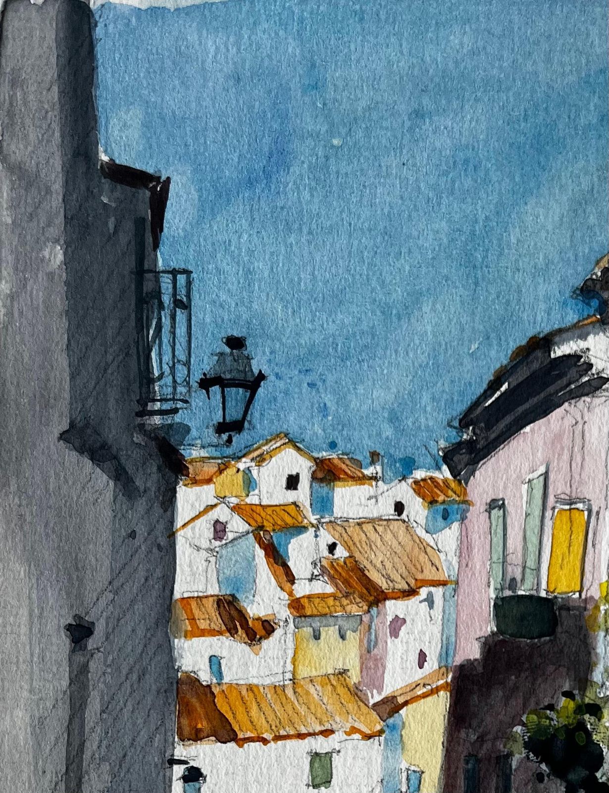 Pierre Neveu Sunlit Street In Cucuron With Terracotta Roofs And Shuttered Houses Watercolour photo for sale